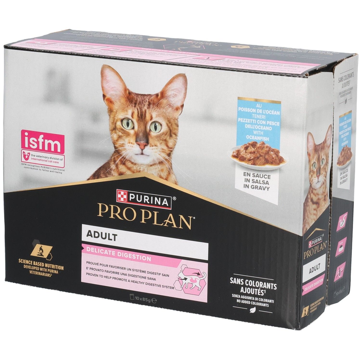 Boîte de Purina Pro Plan Adult Delicate Digestion. Image d'un chat. Contient 10 sachets. Sans colorants ajoutés.