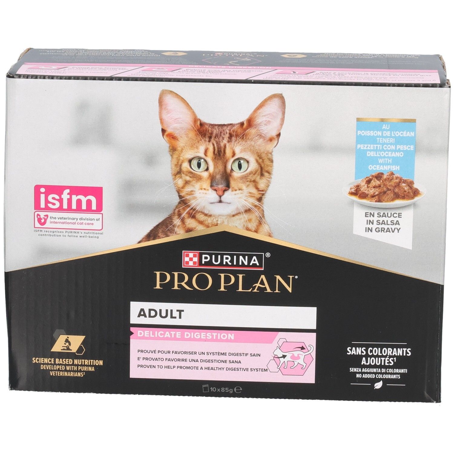 Boîte de Purina Pro Plan Adult Delicate Digestion. Image d'un chat. Contient 10 sachets. Sans colorants ajoutés.