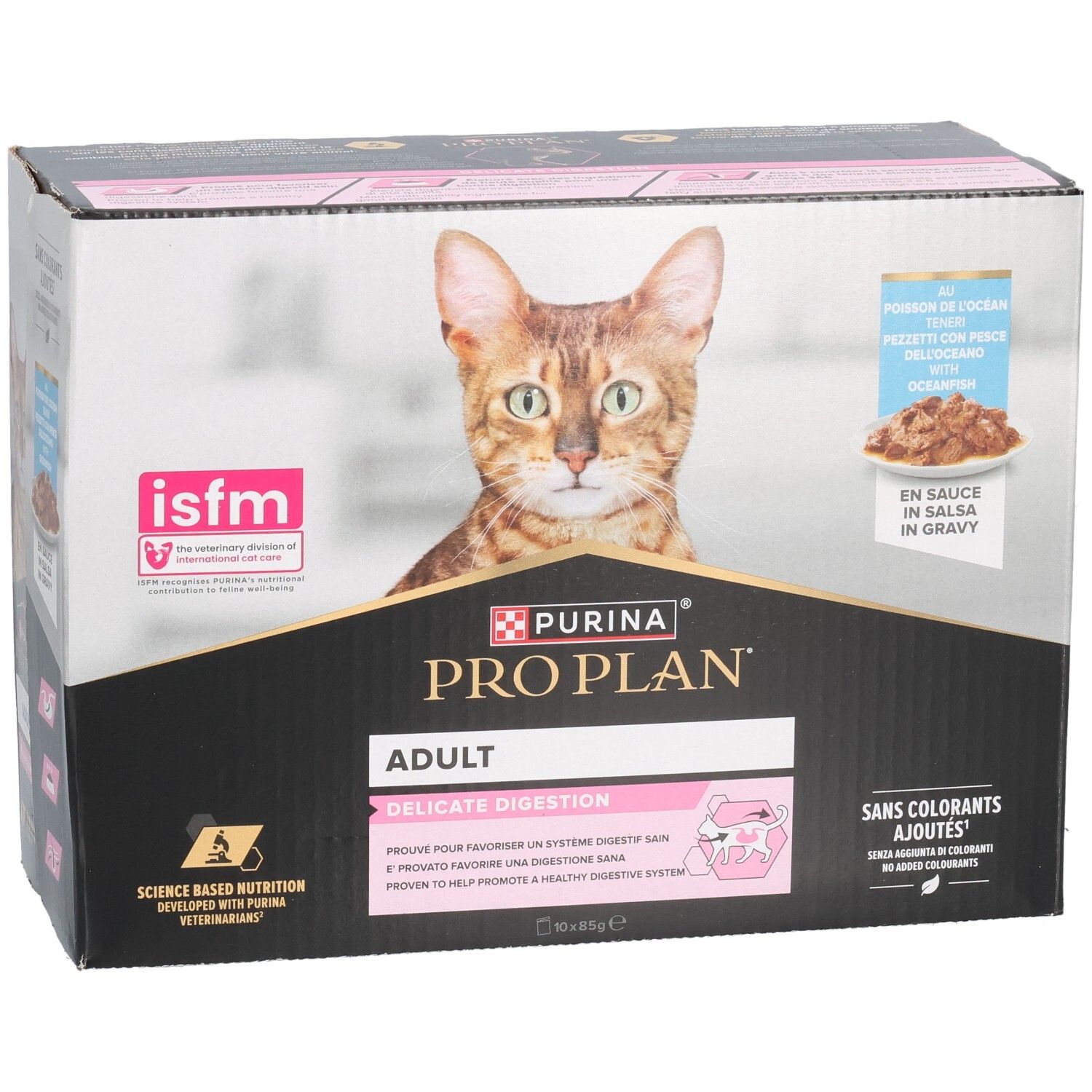 Boîte de Purina Pro Plan Adult Delicate Digestion. Image d'un chat. Contient 10 sachets. Sans colorants ajoutés.