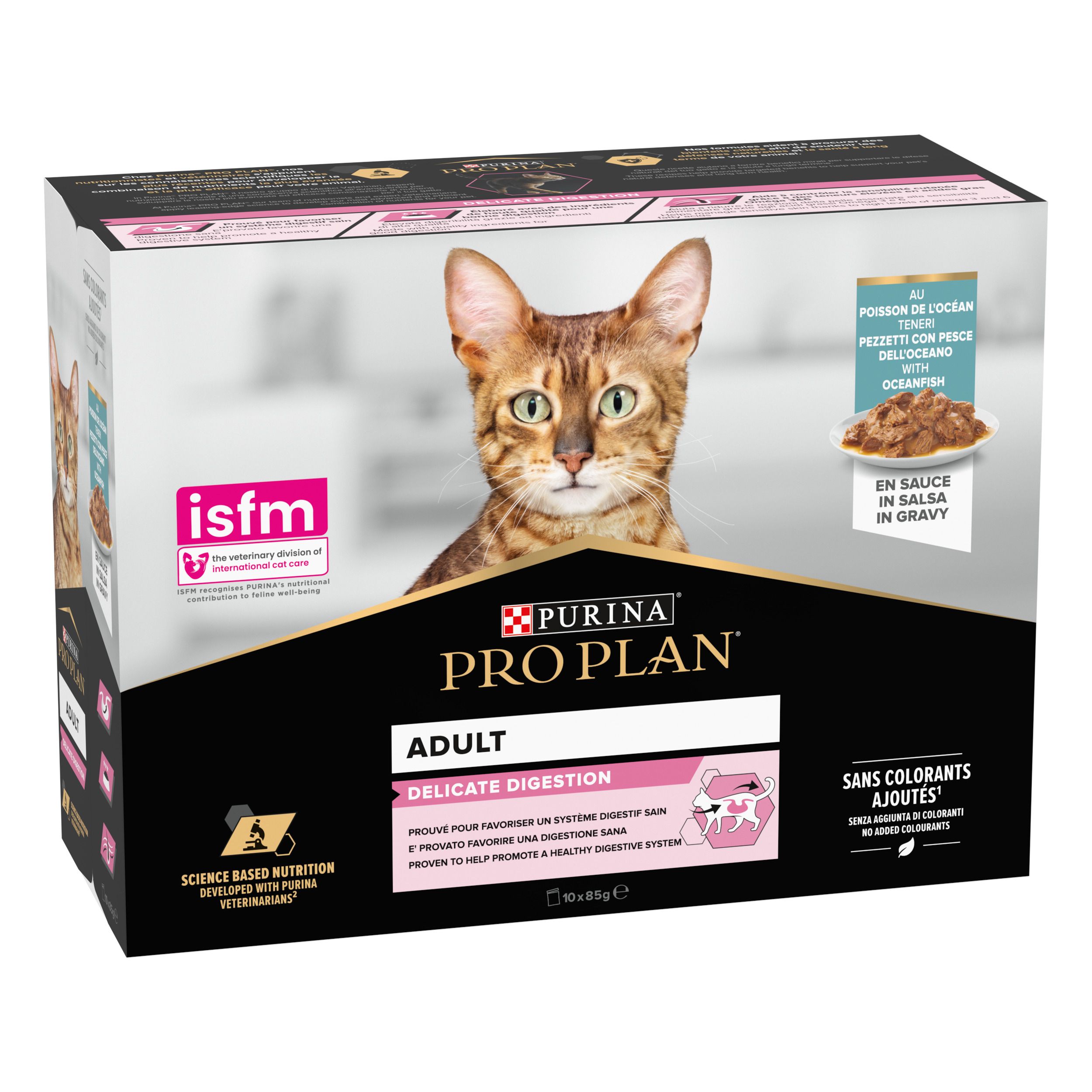 Dos de l'emballage de nourriture pour chats. Texte en français. Ingrédients et informations nutritionnelles.
