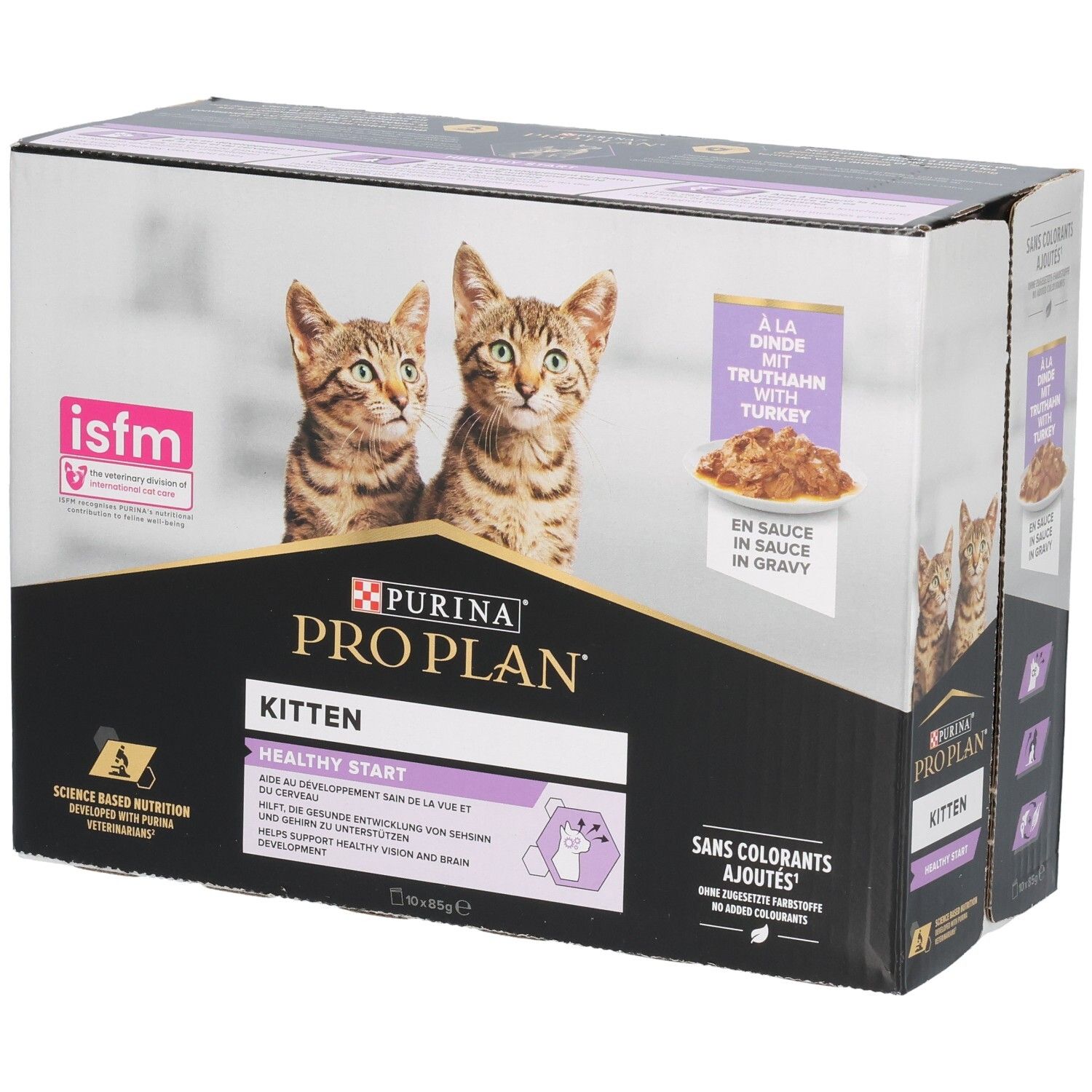 Boîte de nourriture pour chatons. Purina Pro Plan Kitten, dinde en sauce. Deux chatons. Logo ISFM. Sans colorants ajoutés.