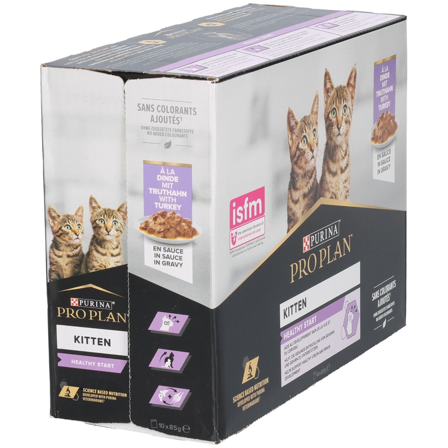 Boîte de nourriture pour chatons. Purina Pro Plan Kitten, dinde en sauce. Deux chatons. Sans colorants. Texte au dos.