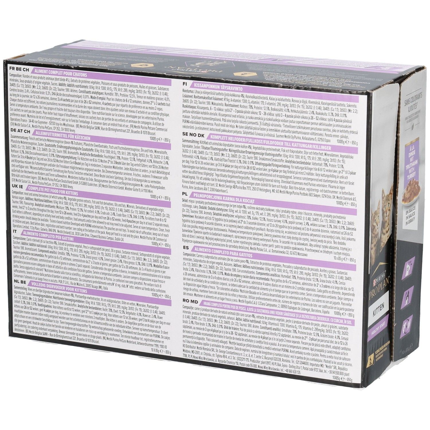 Dos de la boîte de nourriture pour chatons. Texte multilingue. Informations produit et valeurs nutritionnelles.