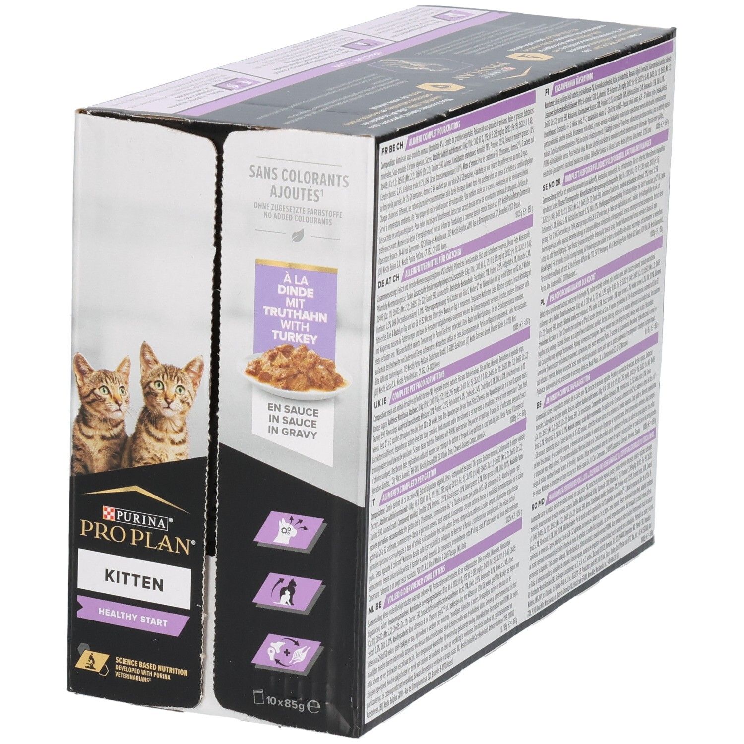 Boîte de nourriture pour chatons. Purina Pro Plan Kitten, dinde en sauce. Deux chatons. Texte au dos.