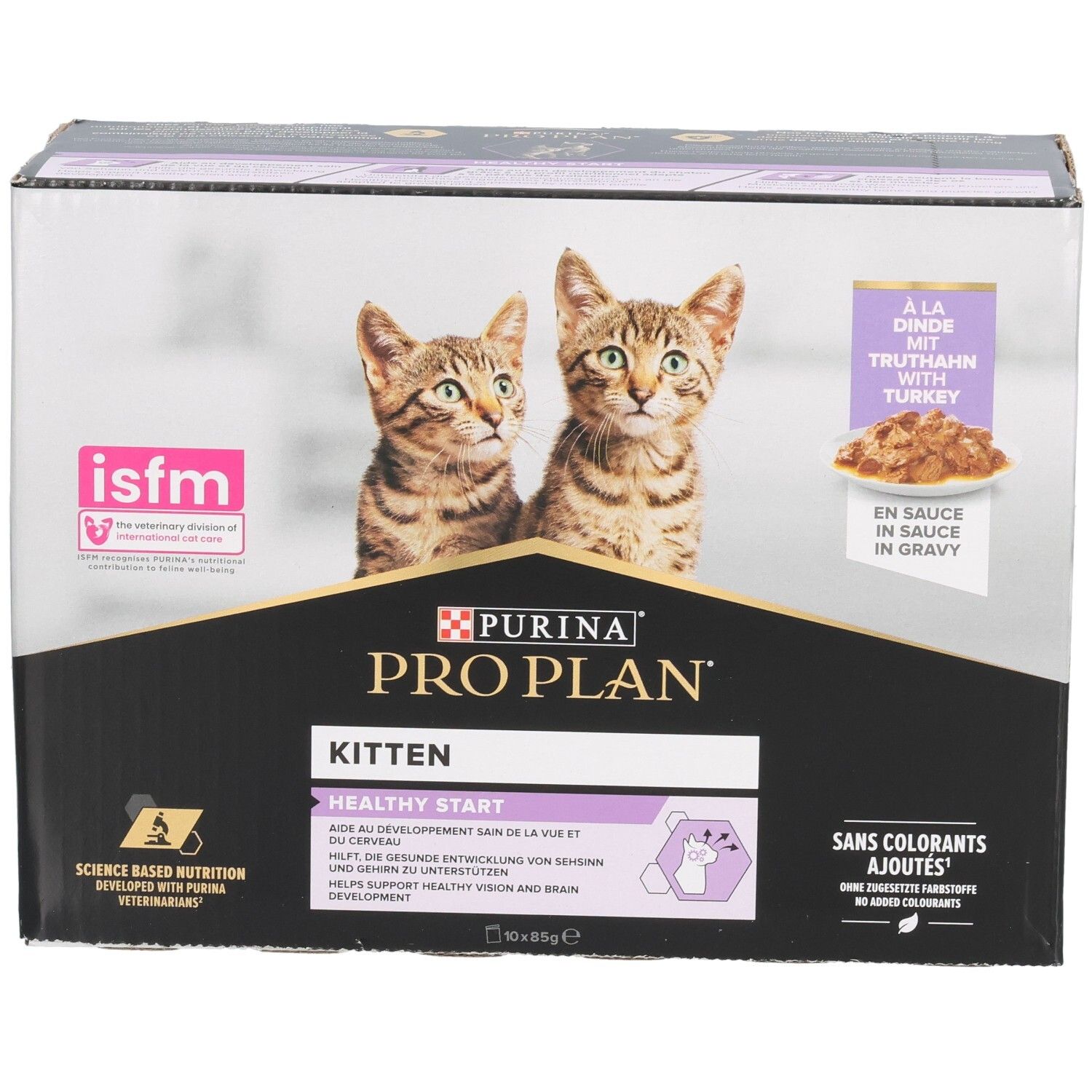 Boîte de nourriture pour chatons. Purina Pro Plan Kitten, dinde en sauce. Deux chatons. Logo ISFM. Sans colorants ajoutés.