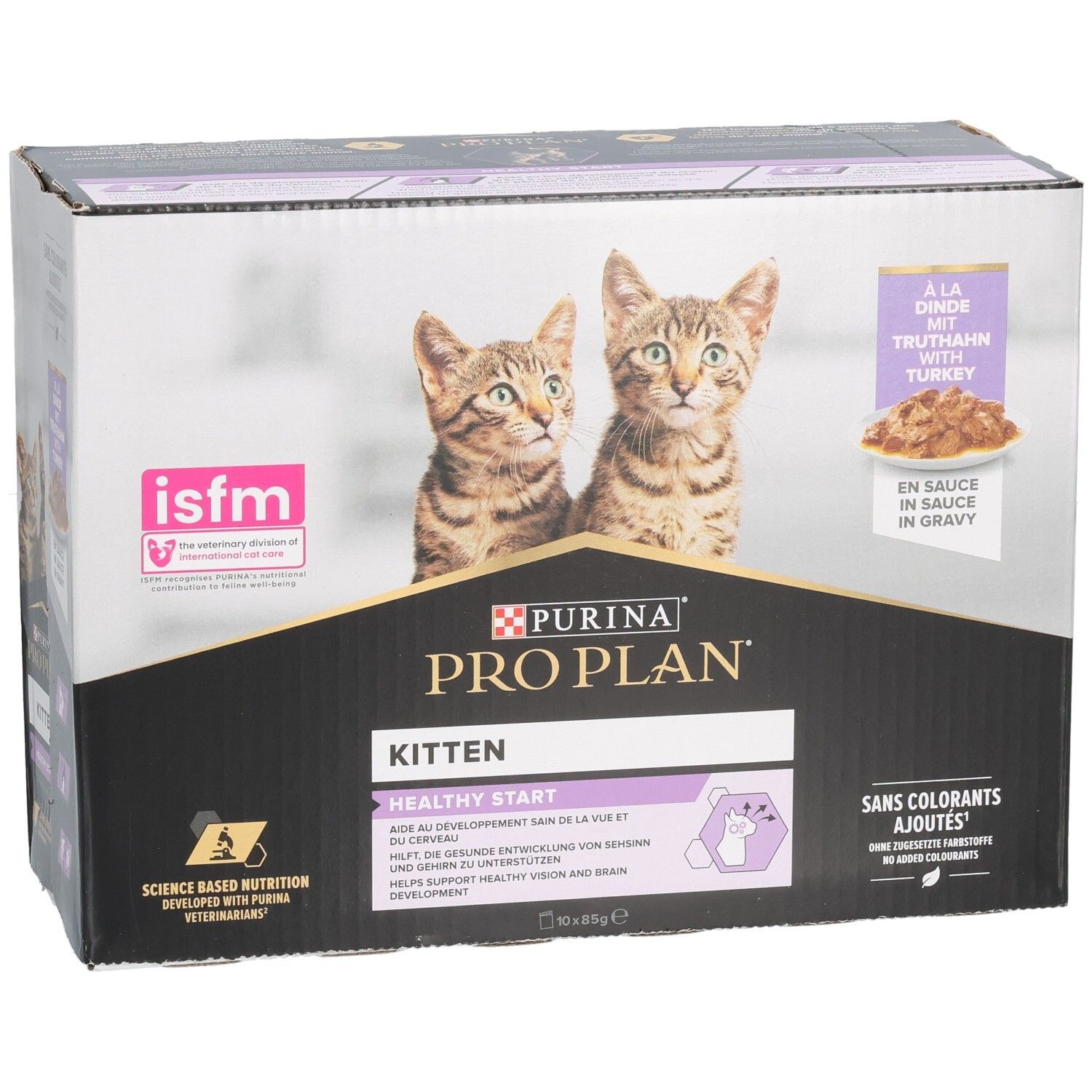 Boîte de nourriture pour chatons. Purina Pro Plan Kitten, dinde en sauce. Deux chatons. Logo ISFM. Sans colorants ajoutés.