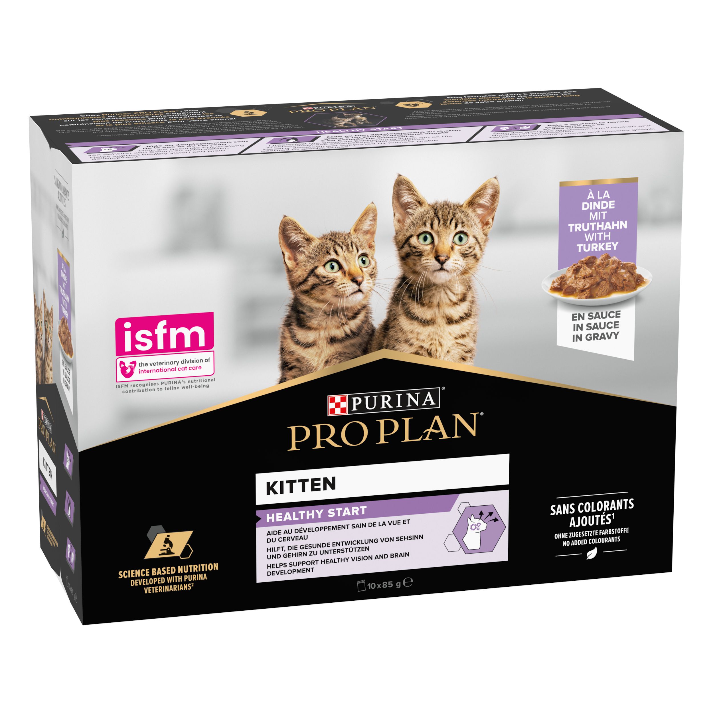 Dos de la boîte de nourriture pour chatons. Texte multilingue. Informations produit et valeurs nutritionnelles.