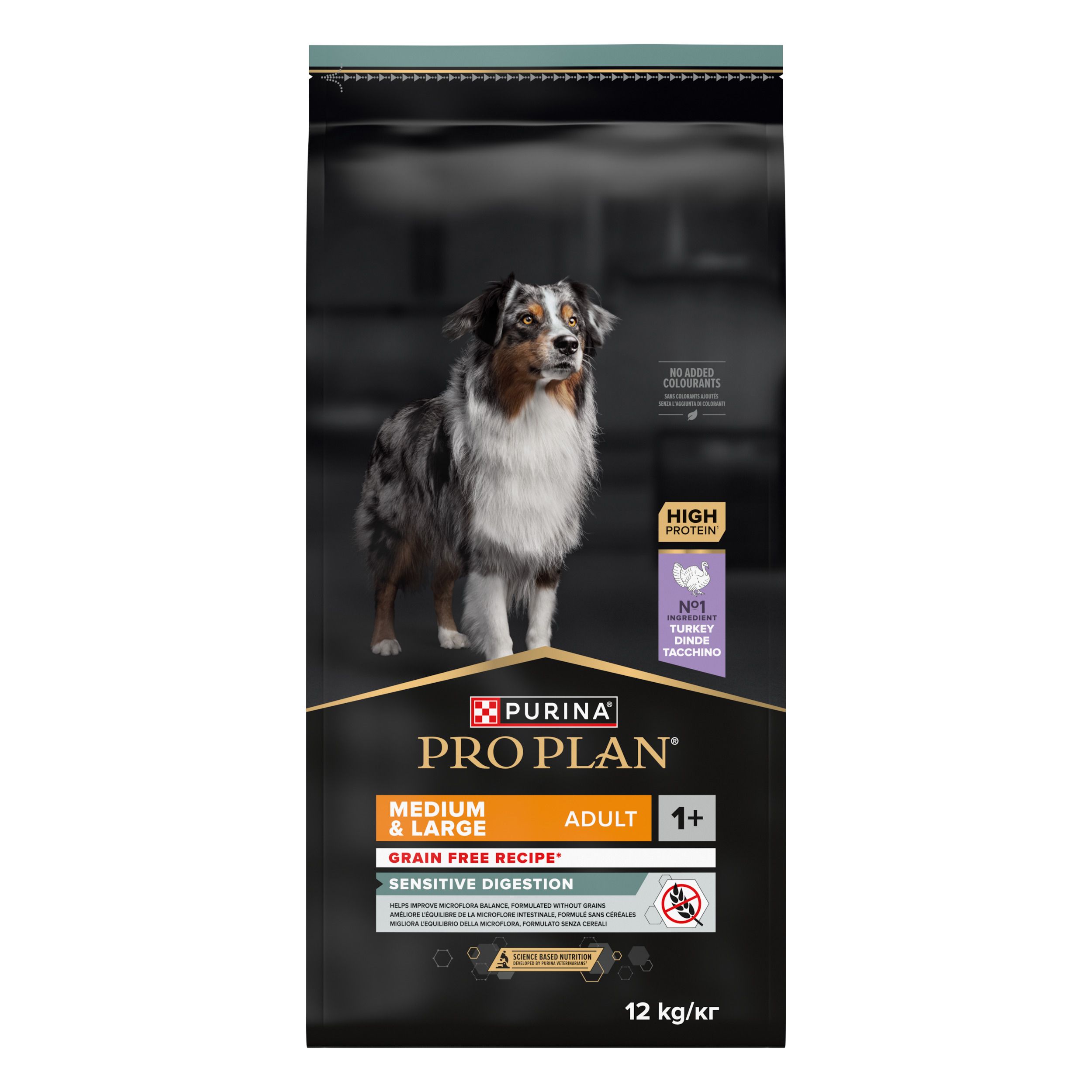 Sac de nourriture pour chiens PRO PLAN, Medium & Large Adult, Grain Free, Sensitive Digestion. Image d'un chien.