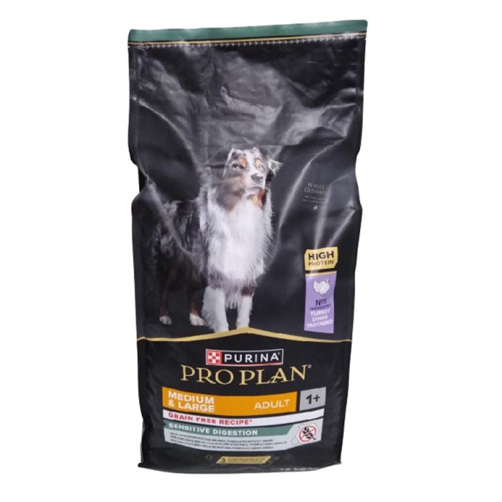 Sac de nourriture pour chiens PRO PLAN, Medium & Large Adult, Grain Free, Sensitive Digestion. Photo d'un chien.