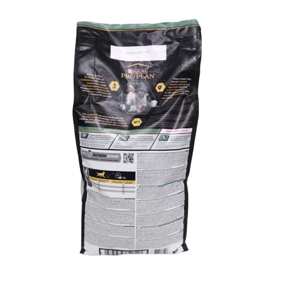 Dos du sac de nourriture pour chiens PRO PLAN. Informations textuelles, valeurs nutritionnelles, recommandations.