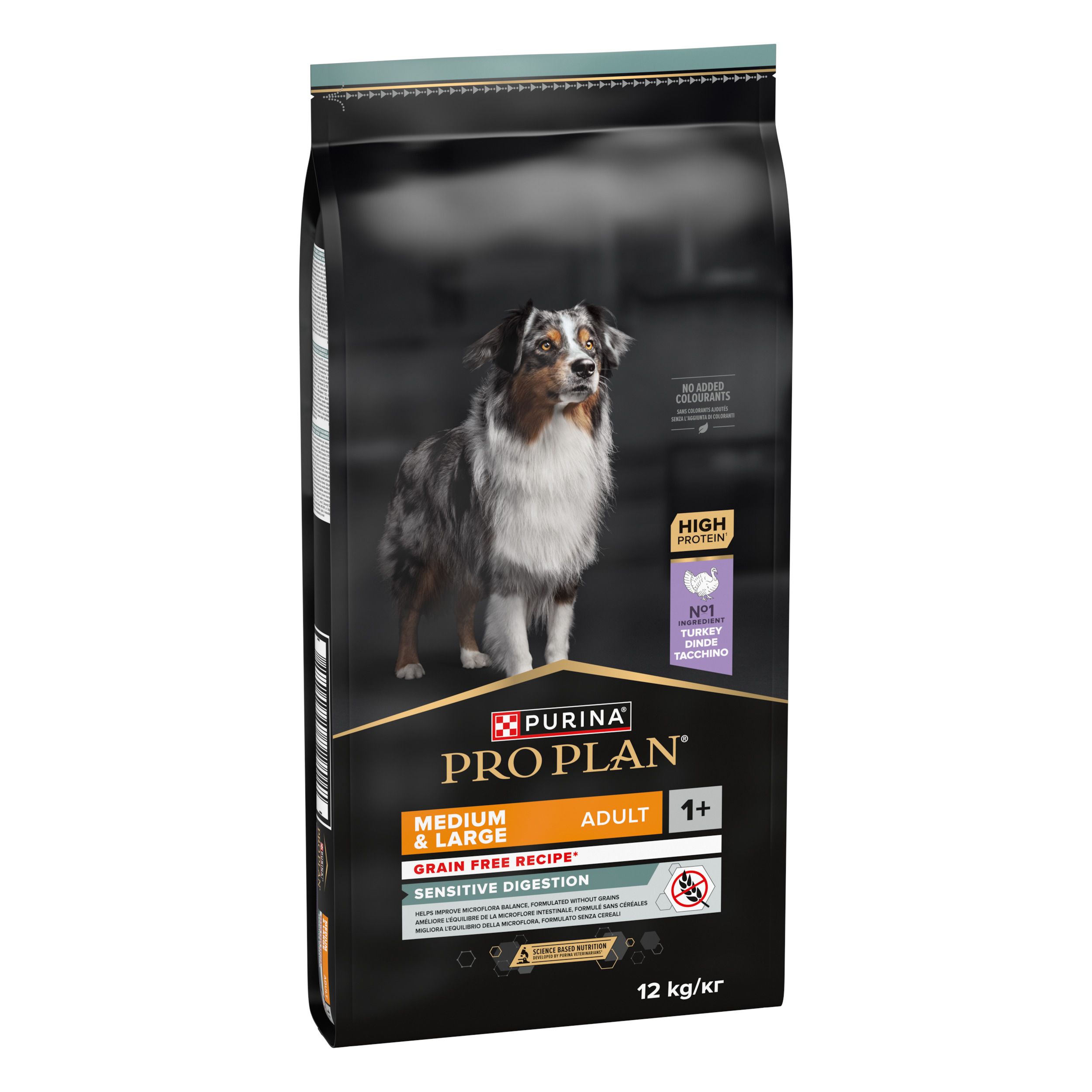 Dos du sac de nourriture PRO PLAN. Texte, valeurs nutritionnelles, recommandations, ingrédients.