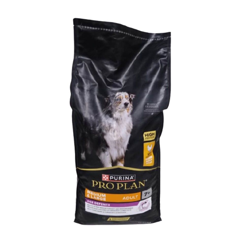 Sac noir PRO PLAN® pour chien. Image d'un chien. Texte: MEDIUM & LARGE ADULT 7+.
