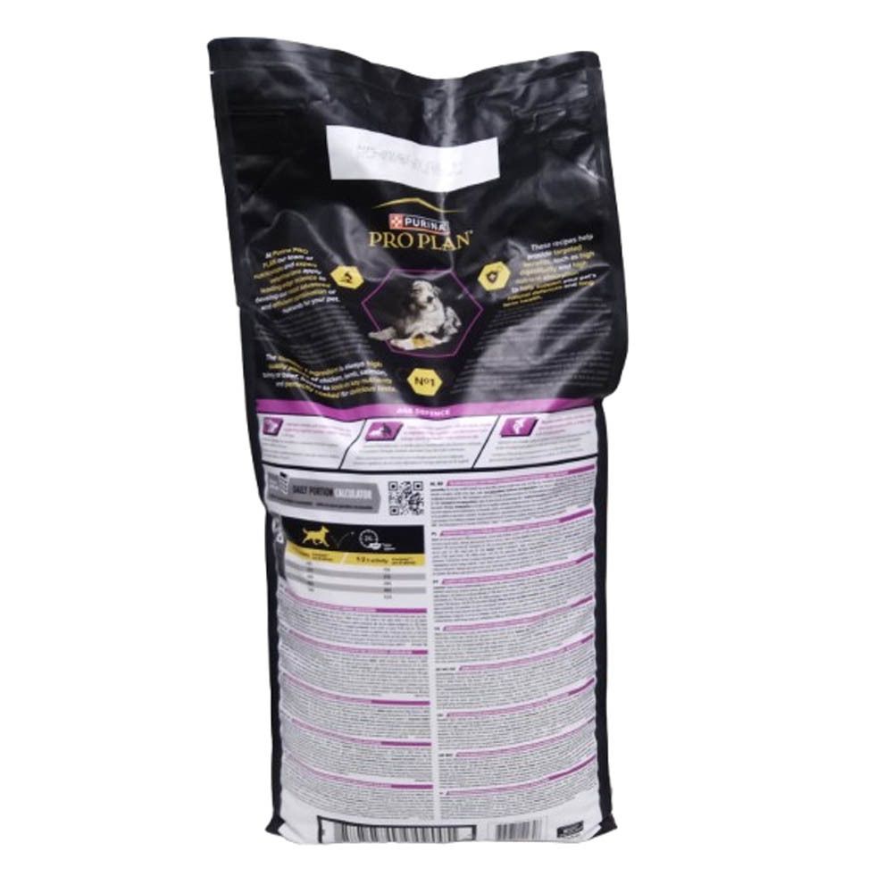 Dos du sac noir PRO PLAN® pour chien. Texte et informations sur la composition.