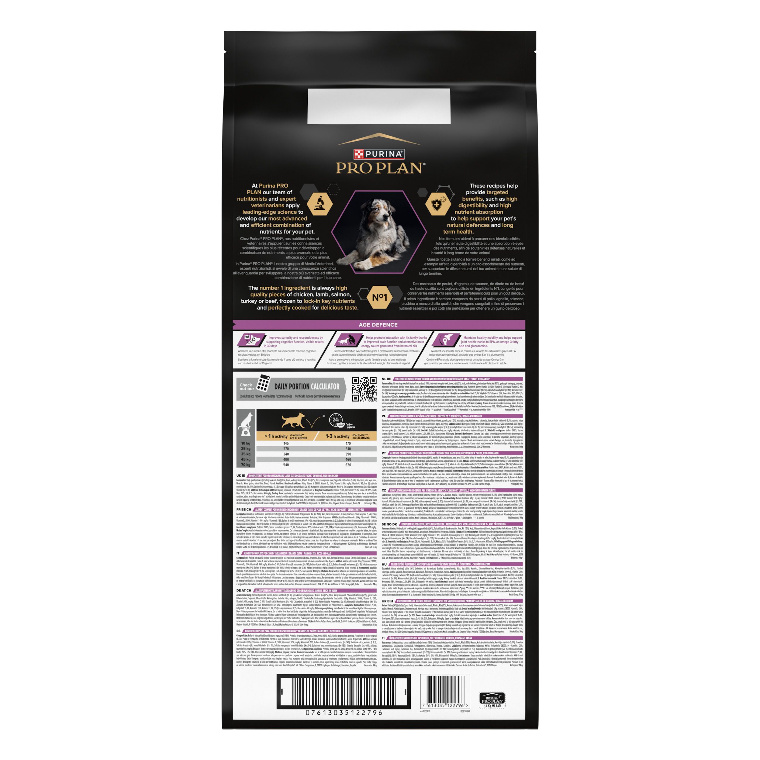 Sac noir PRO PLAN® pour chien. Image d'un chien. Texte: MEDIUM & LARGE ADULT 7+.