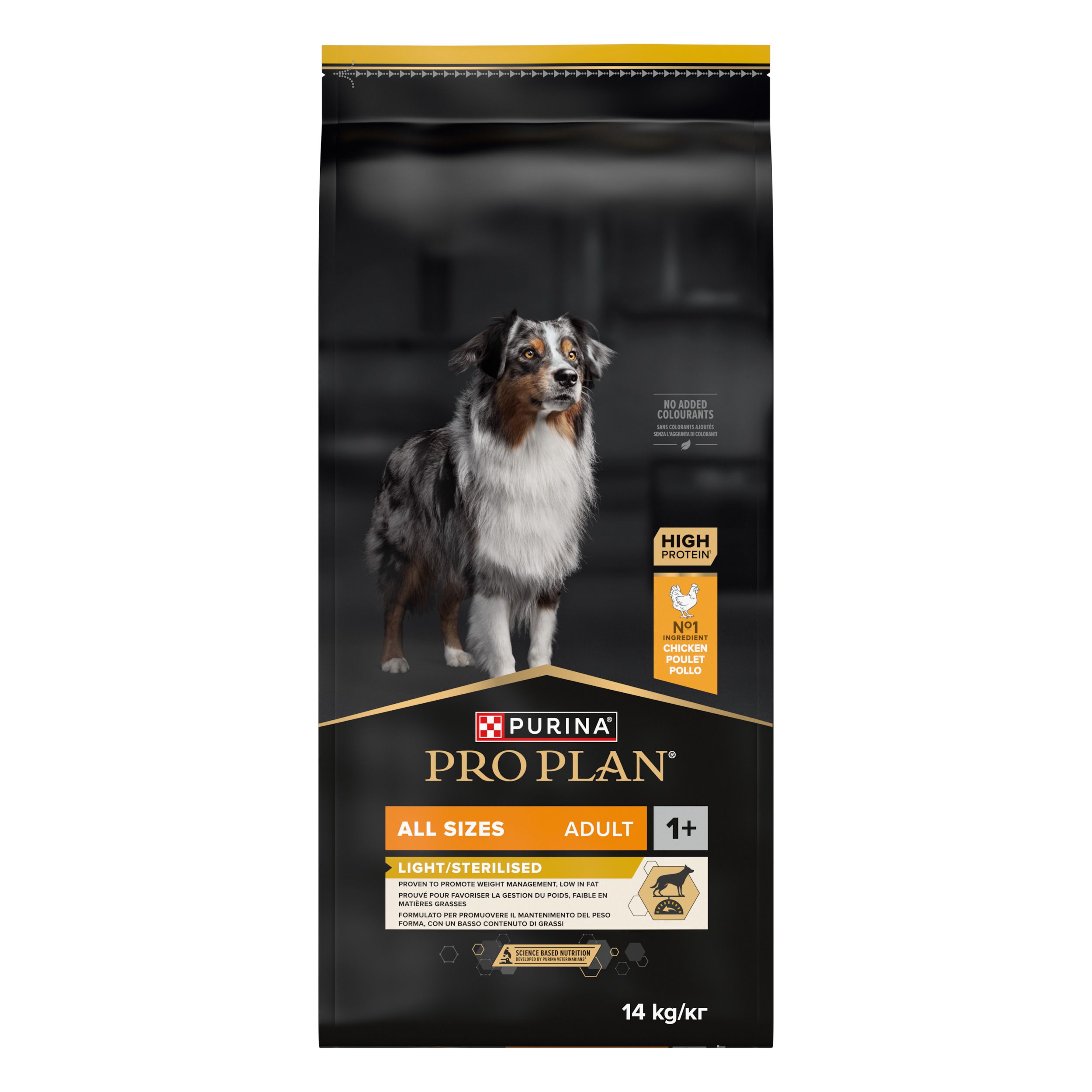 Sac de nourriture PRO PLAN® Light Sterilized Adult pour chien. Emballage noir, chien, accent jaune. Contient du poulet.