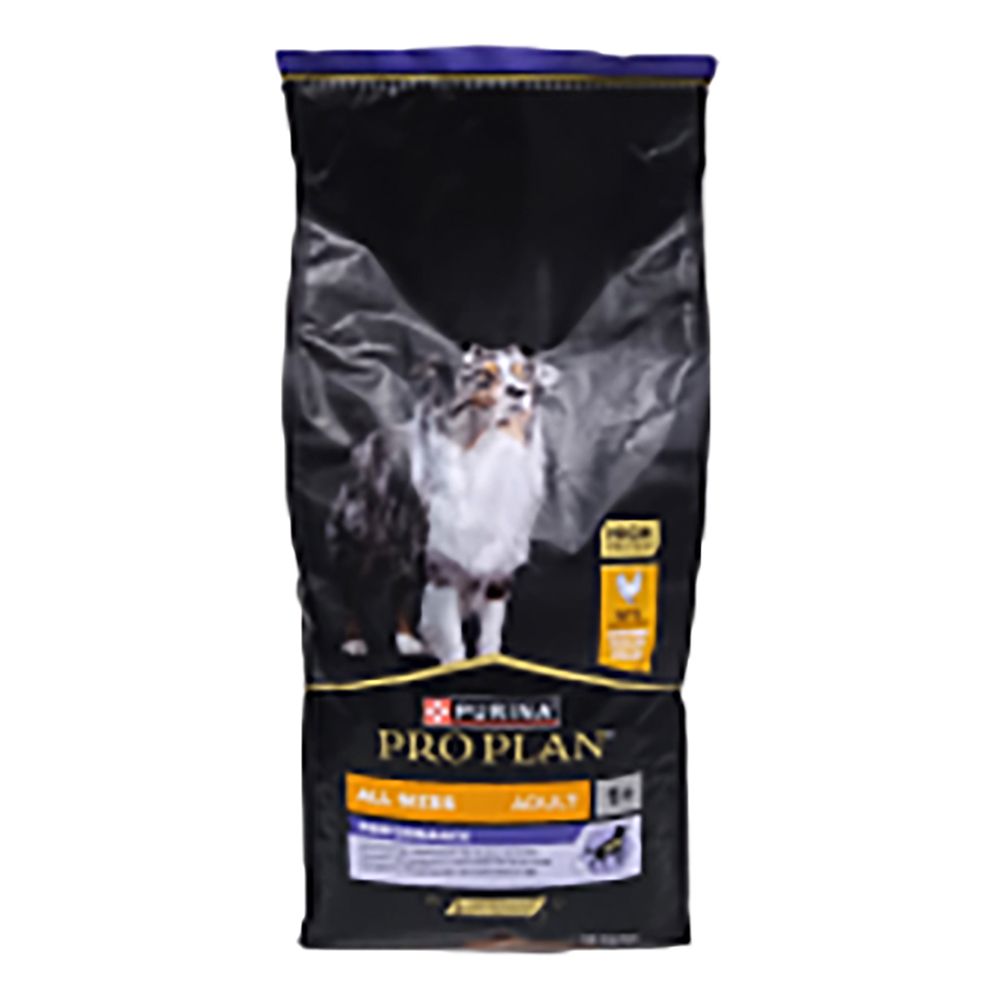 Purina Pro Plan Adult, nourriture pour chiens. Emballage noir avec chien et informations. Contient du poulet.
