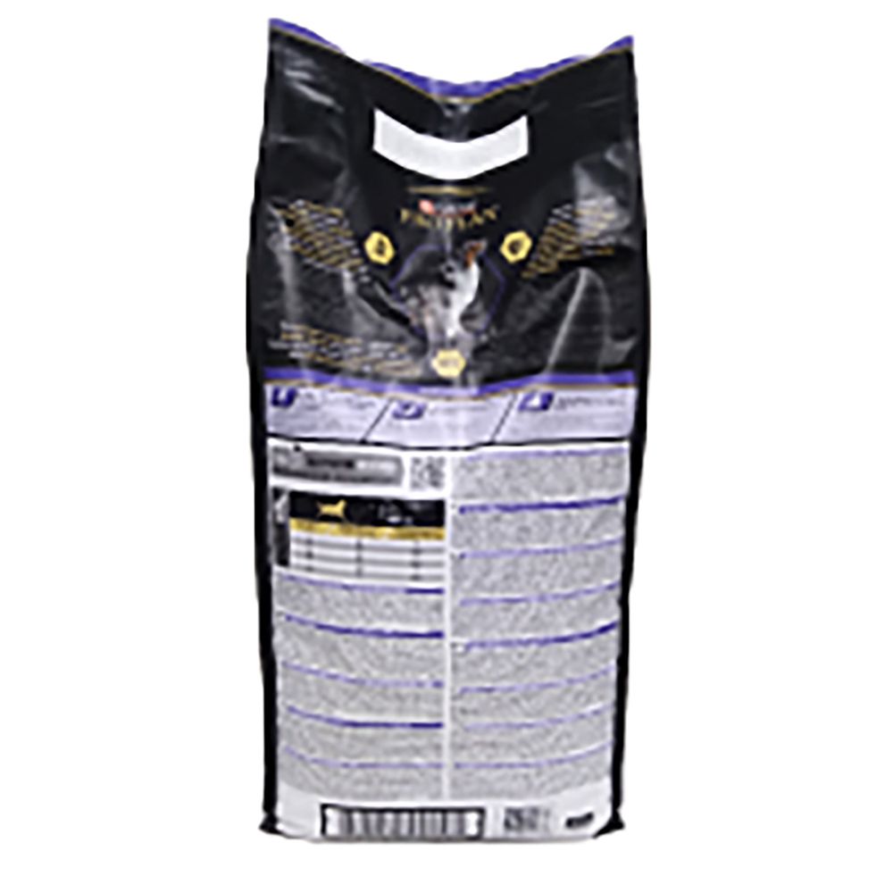 Dos de l'emballage de nourriture pour chiens Purina Pro Plan Adult. Contient des informations et un code-barres.