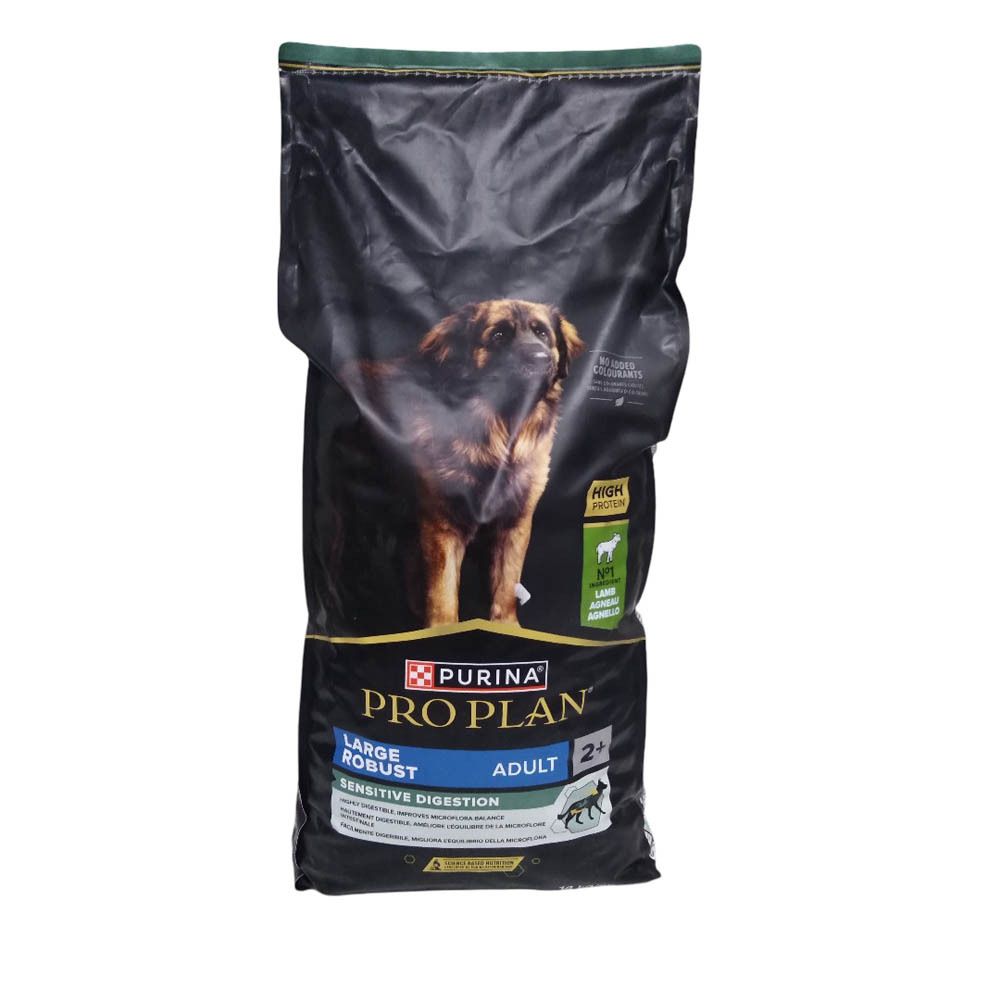 Sac noir de nourriture pour chiens. Inscription : PRO PLAN, LARGE ROBUST, ADULT, SENSITIVE DIGESTION. Image d'un chien.