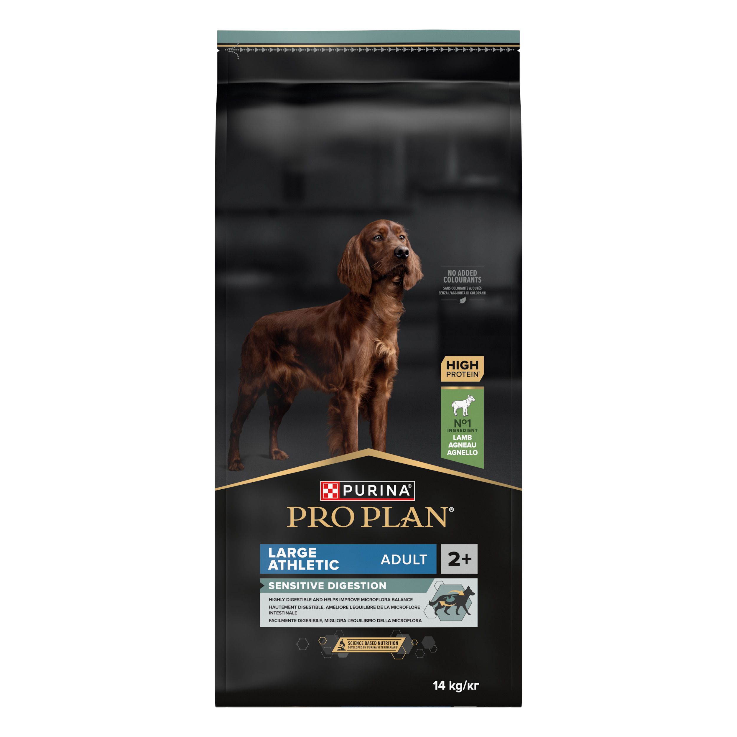 Sac noir de nourriture pour chiens. Inscription : PURINA PRO PLAN, LARGE ATHLETIC ADULT, SENSITIVE DIGESTION. 14 kg.