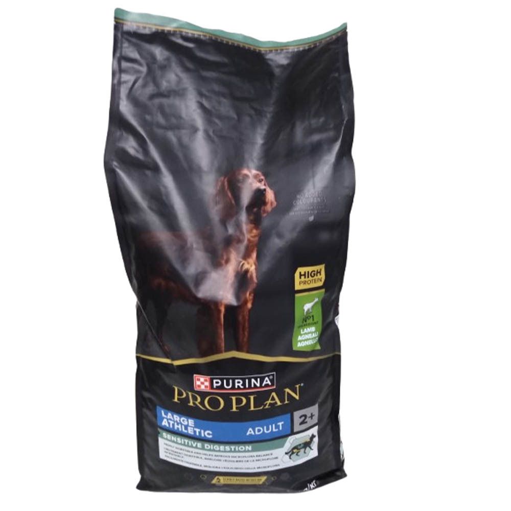 Sac noir de nourriture pour chiens. Inscription : PURINA PRO PLAN, LARGE ATHLETIC ADULT, SENSITIVE DIGESTION. Image d'un chien.