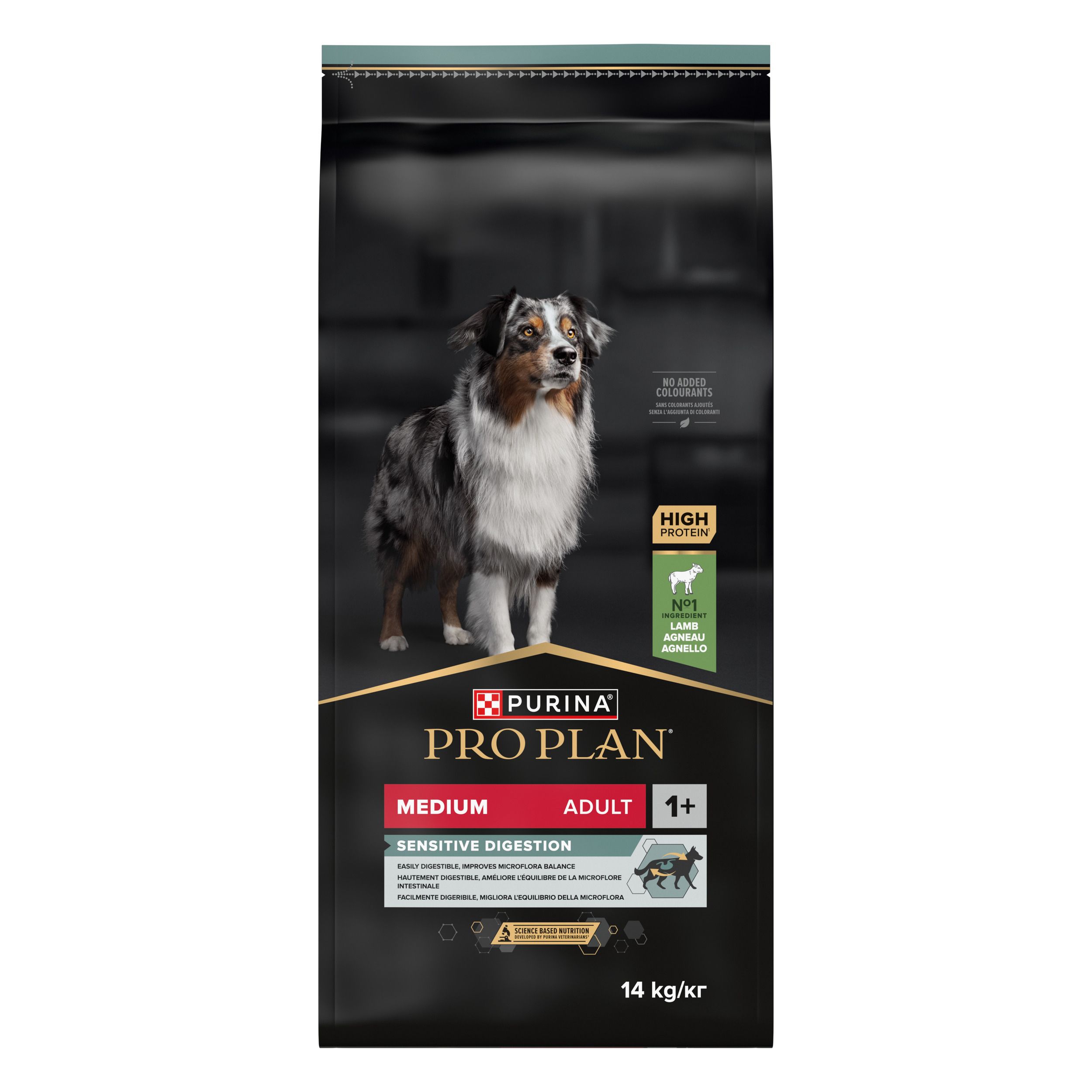 Sac noir de nourriture pour chiens Purina Pro Plan. Un chien est représenté. Texte : Medium Adult 1+ Sensitive Digestion.