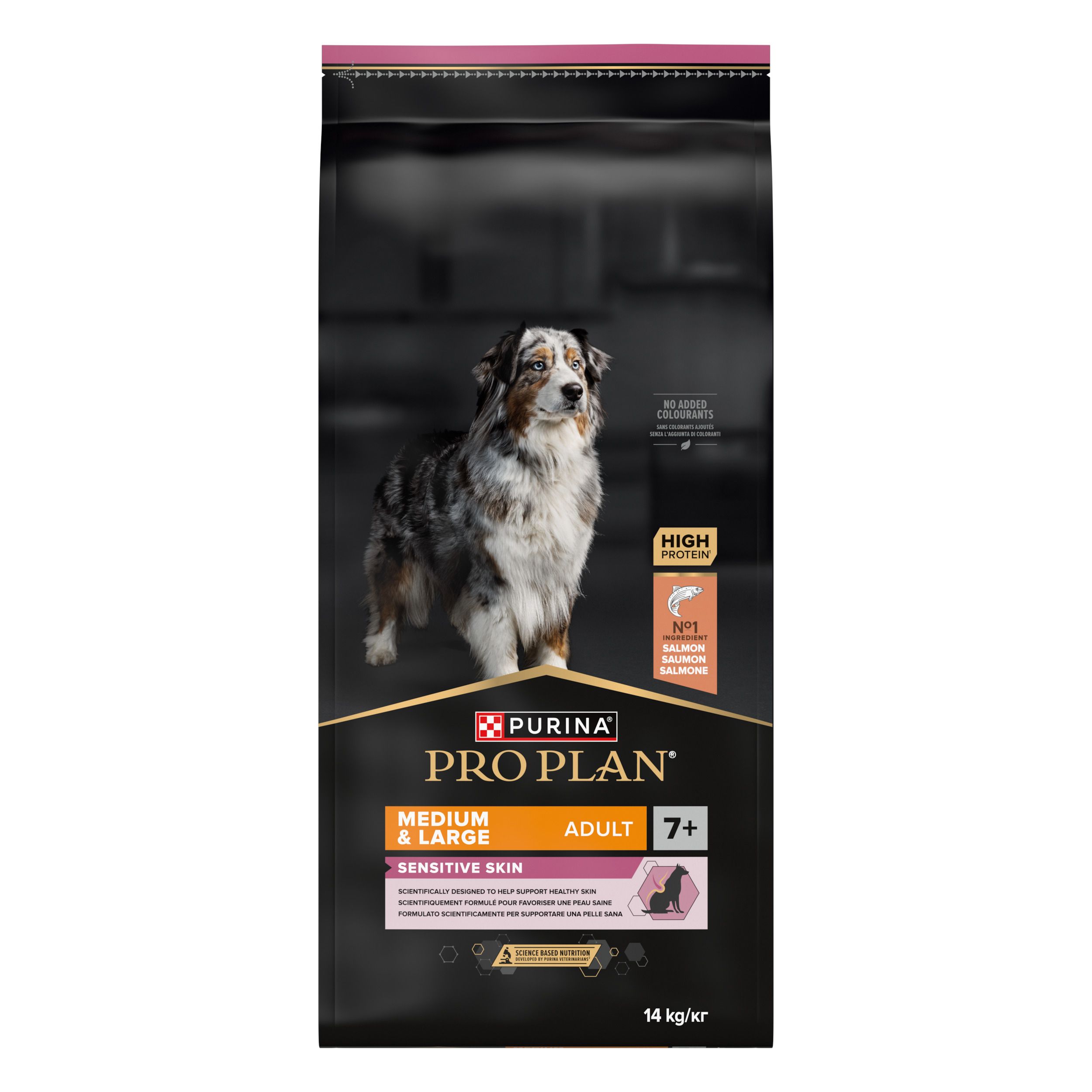 Sac de nourriture Purina Pro Plan, vue de face. Pour chiens de plus de 7 ans avec peau sensible. 14 kg.