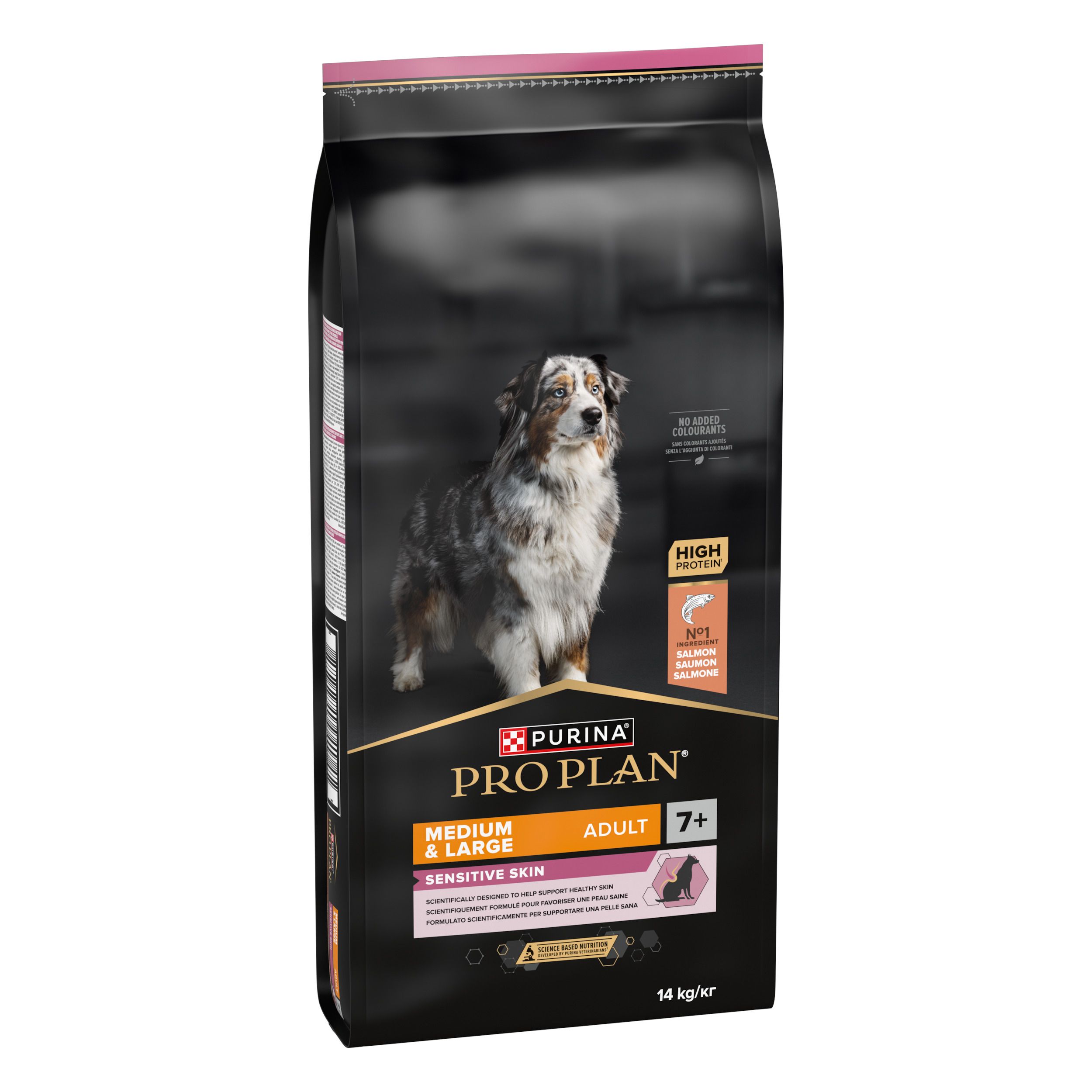 Sac de nourriture Purina Pro Plan, vue de face. Pour chiens de plus de 7 ans avec peau sensible. 14 kg.