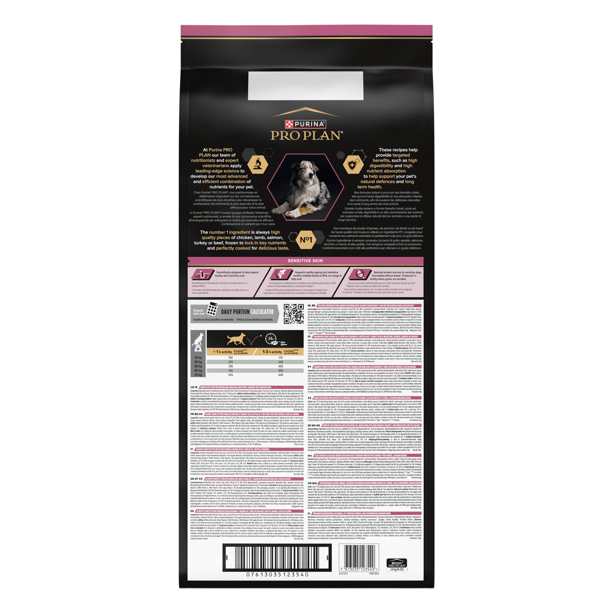 Dos du sac de nourriture pour chiens Purina Pro Plan. Ingrédients et recommandations d'alimentation.