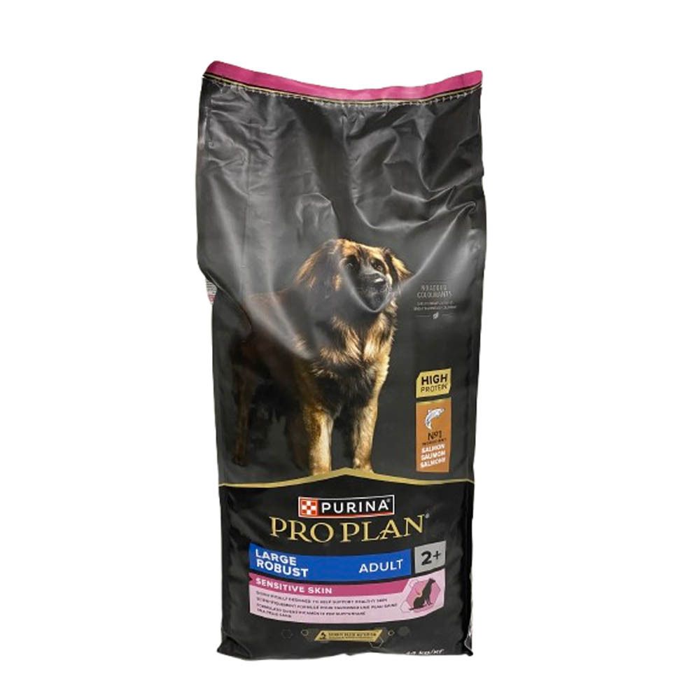 Sac de nourriture pour chiens Purina Pro Plan. Inscription : Large Robust Adult Sensitive Skin Saumon. Image d'un chien.