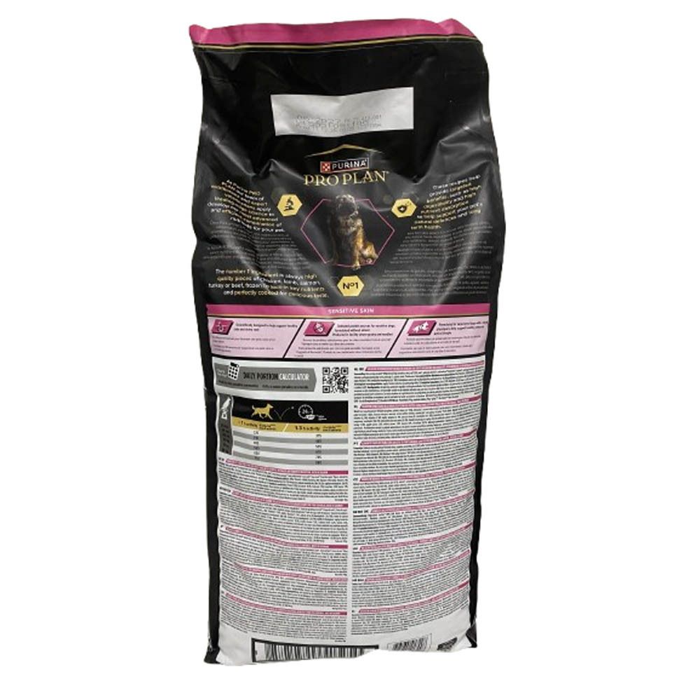 Dos du sac de nourriture pour chiens Purina Pro Plan. Informations textuelles et nutritionnelles. Image d'un chien.