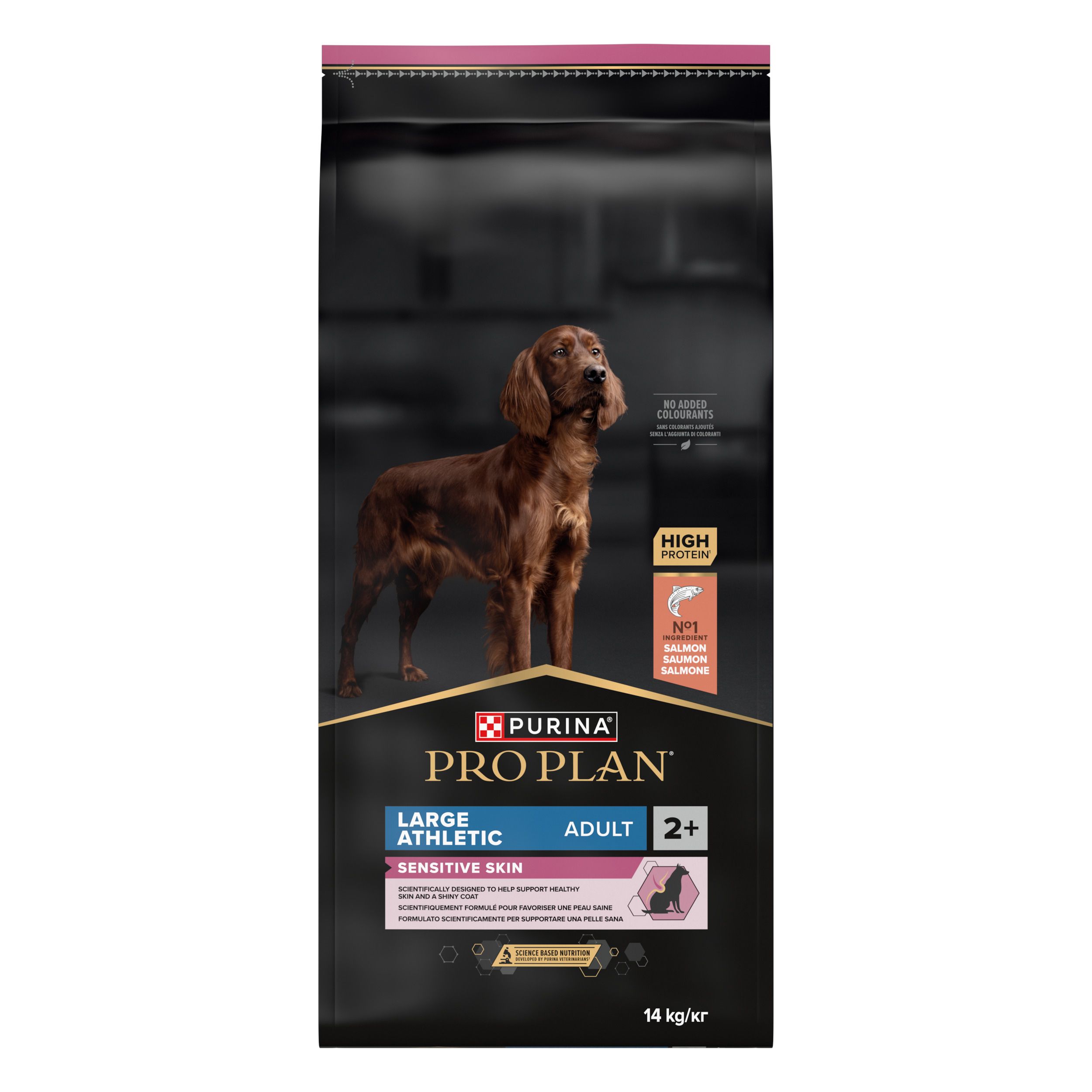 Sac de nourriture pour chiens. Inscription : PRO PLAN, chien, texte. Accent rose. Contient du saumon. 14 kg.