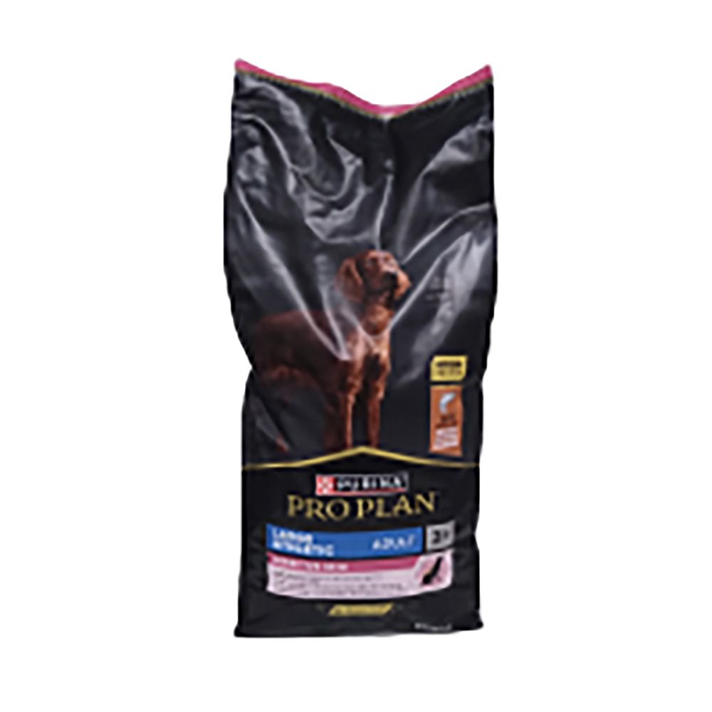 Sac noir de nourriture pour chiens. Inscription : PRO PLAN, chien, texte. Accent rose. Image d'un chien.