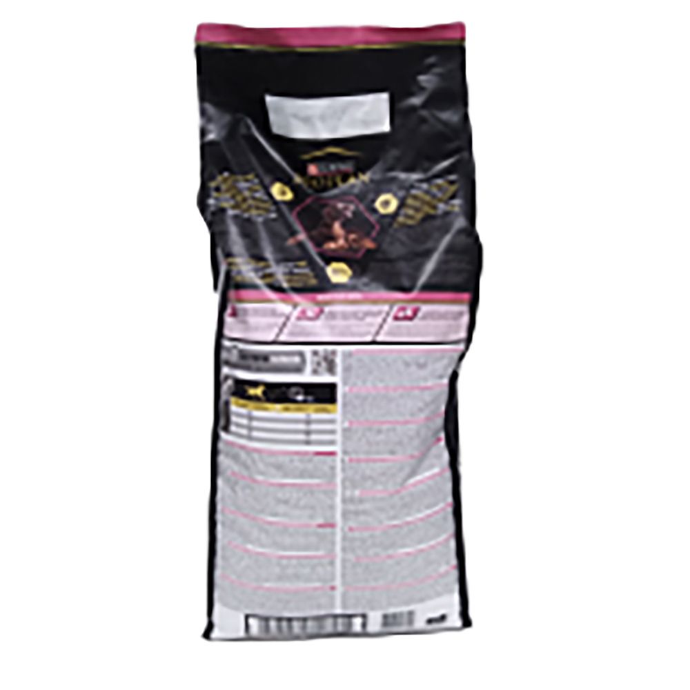 Dos du sac de nourriture pour chiens. Texte et informations en plusieurs langues. Accent rose.