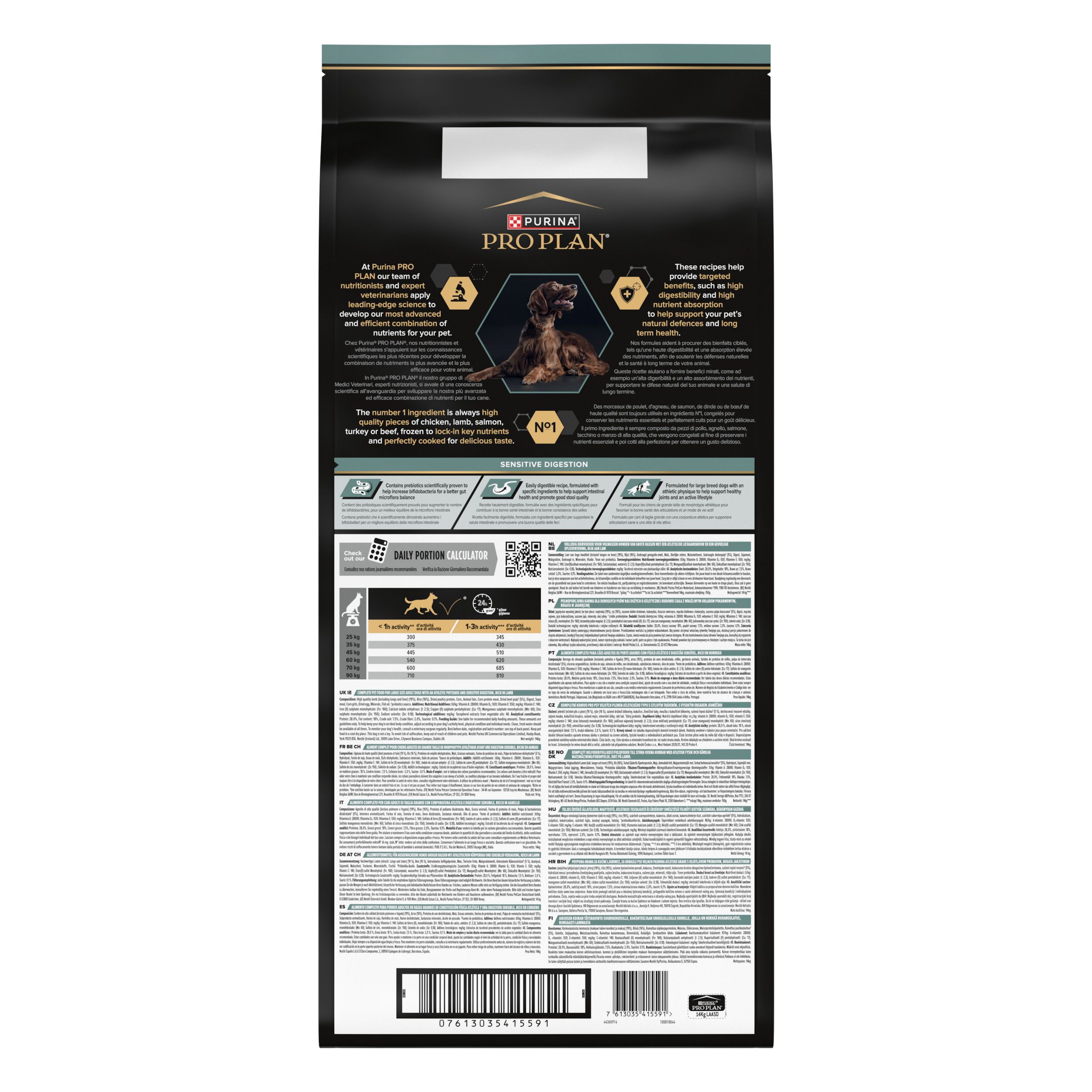 Dos du sac noir. Texte et graphiques avec informations sur le produit et valeurs nutritionnelles.