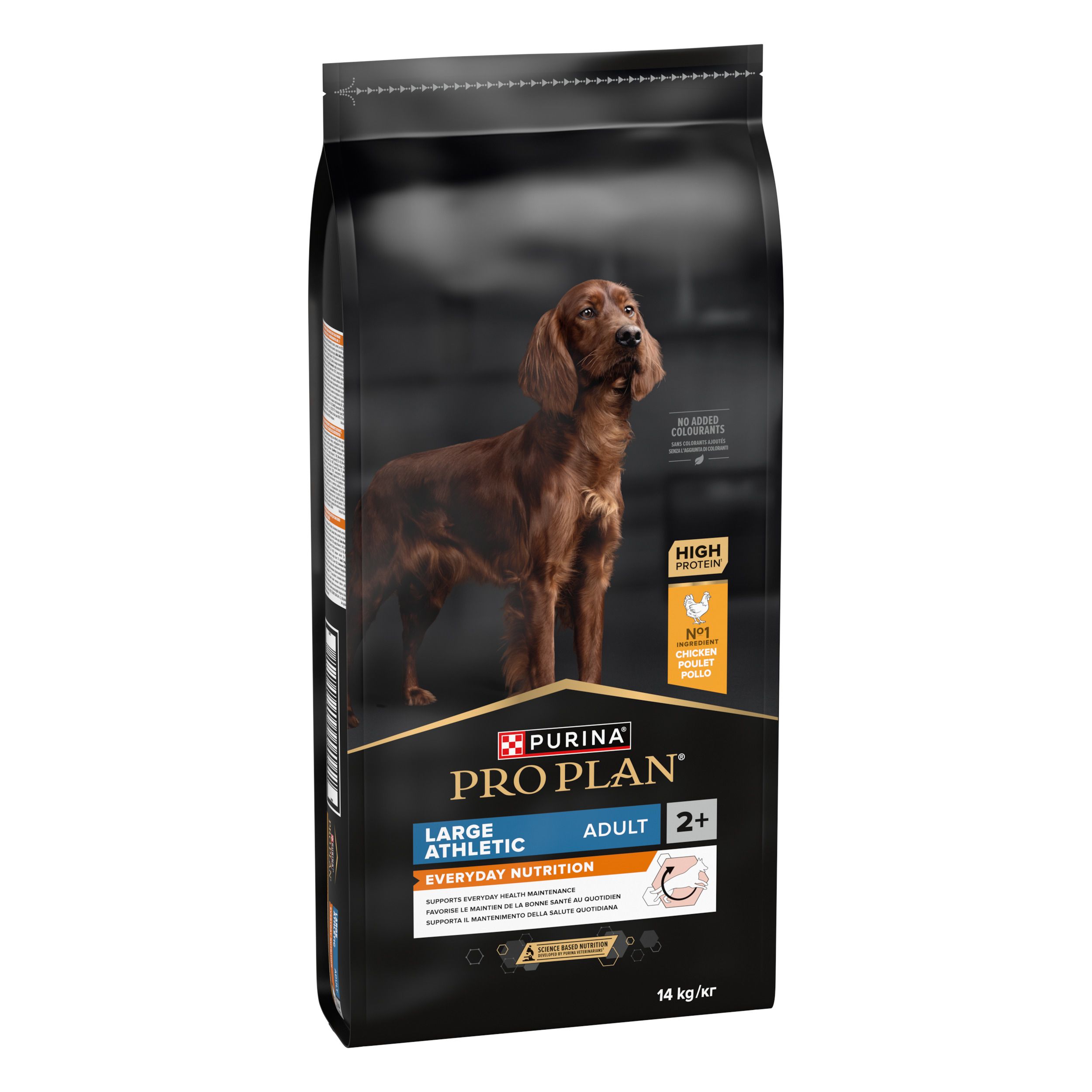 Purina Pro Plan, alimentation pour chiens, Large Athletic Adult, Poulet. Dos de l'emballage avec texte et informations. Code QR.