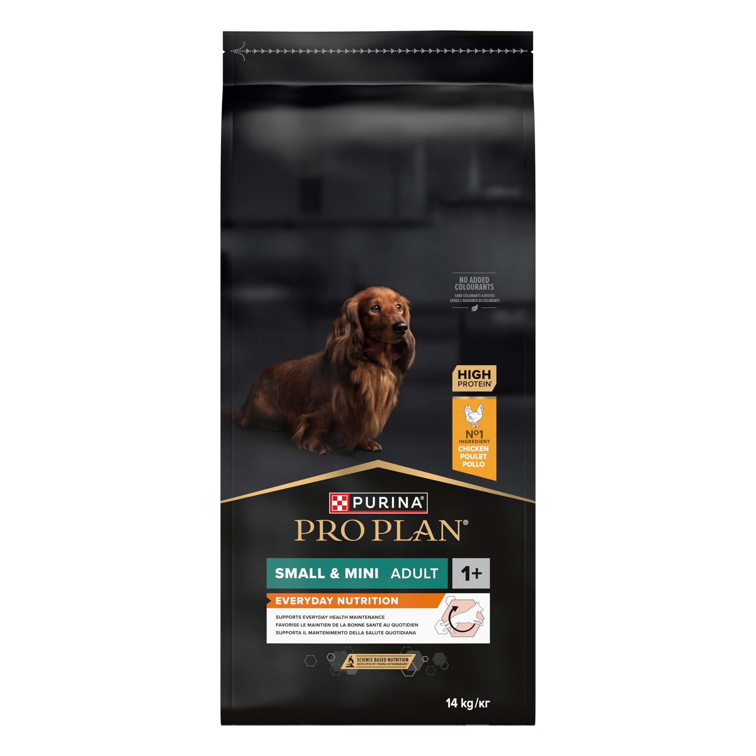 Sac noir de nourriture pour chiens. Inscription : PURINA PRO PLAN SMALL & MINI ADULT. Image d'un chien. 1+.