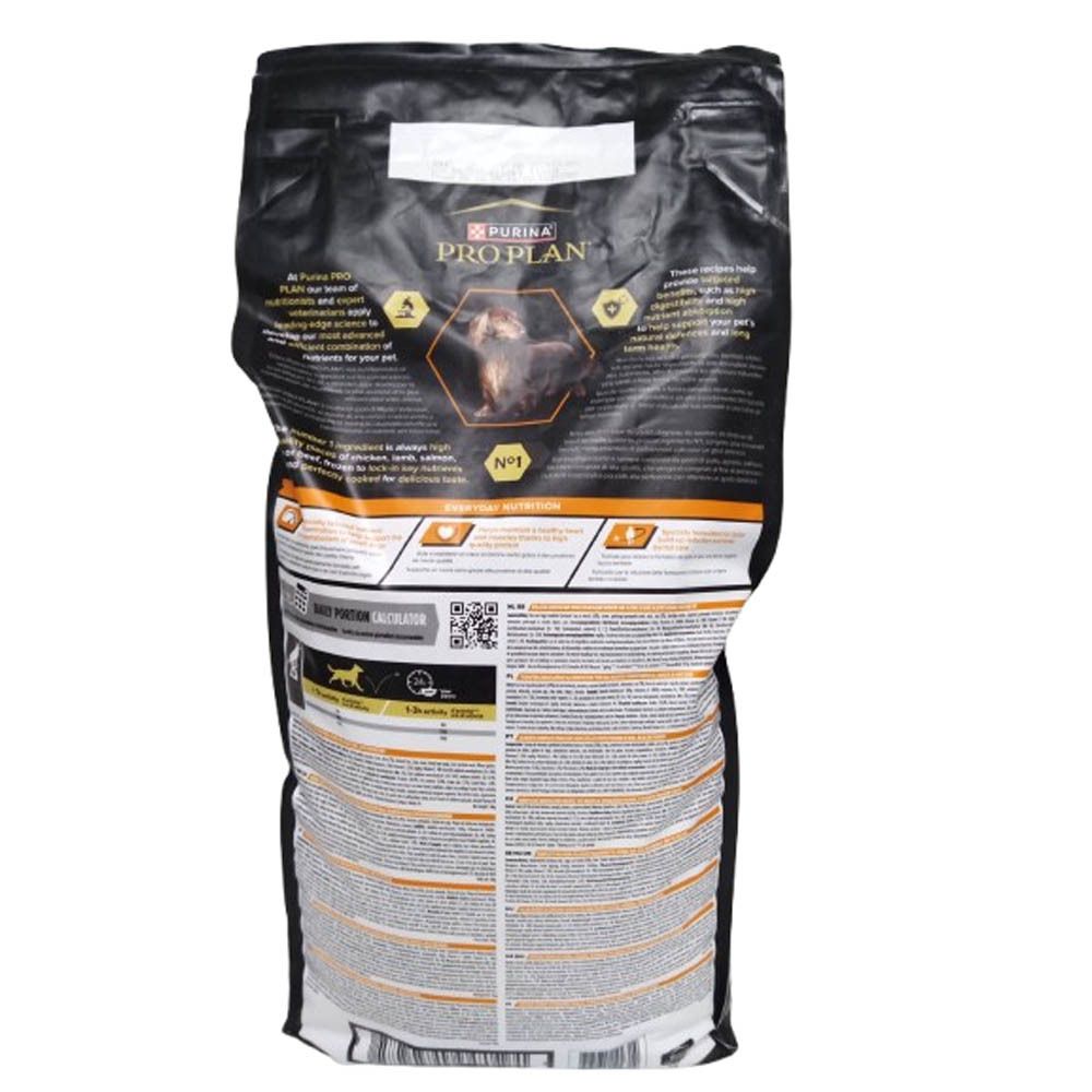 Dos d'un sac noir de nourriture pour chiens. Texte et logos. PURINA PRO PLAN. Informations sur le produit.