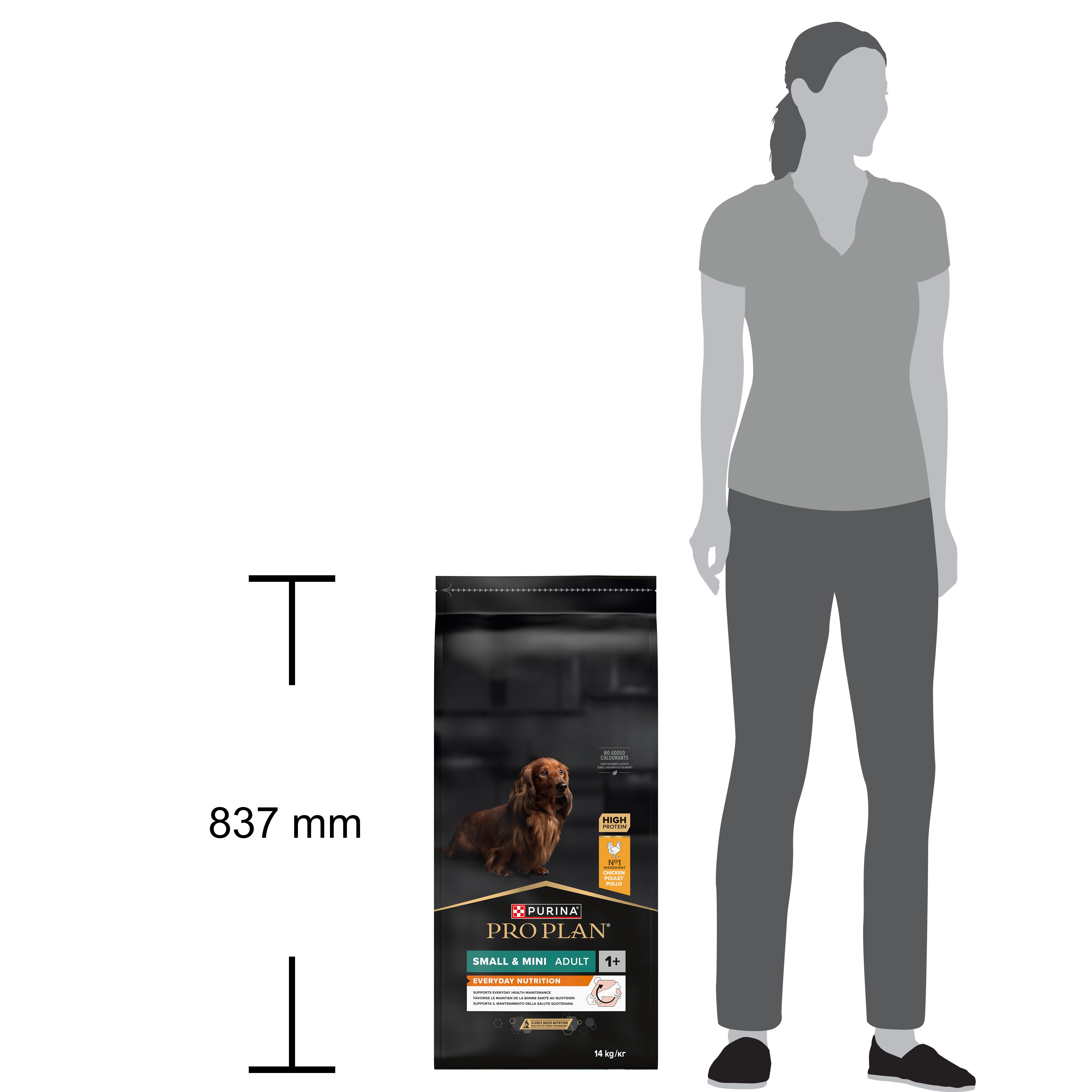 Sac noir de nourriture pour chiens. Inscription : PURINA PRO PLAN SMALL & MINI ADULT. Image d'un chien. 1+.