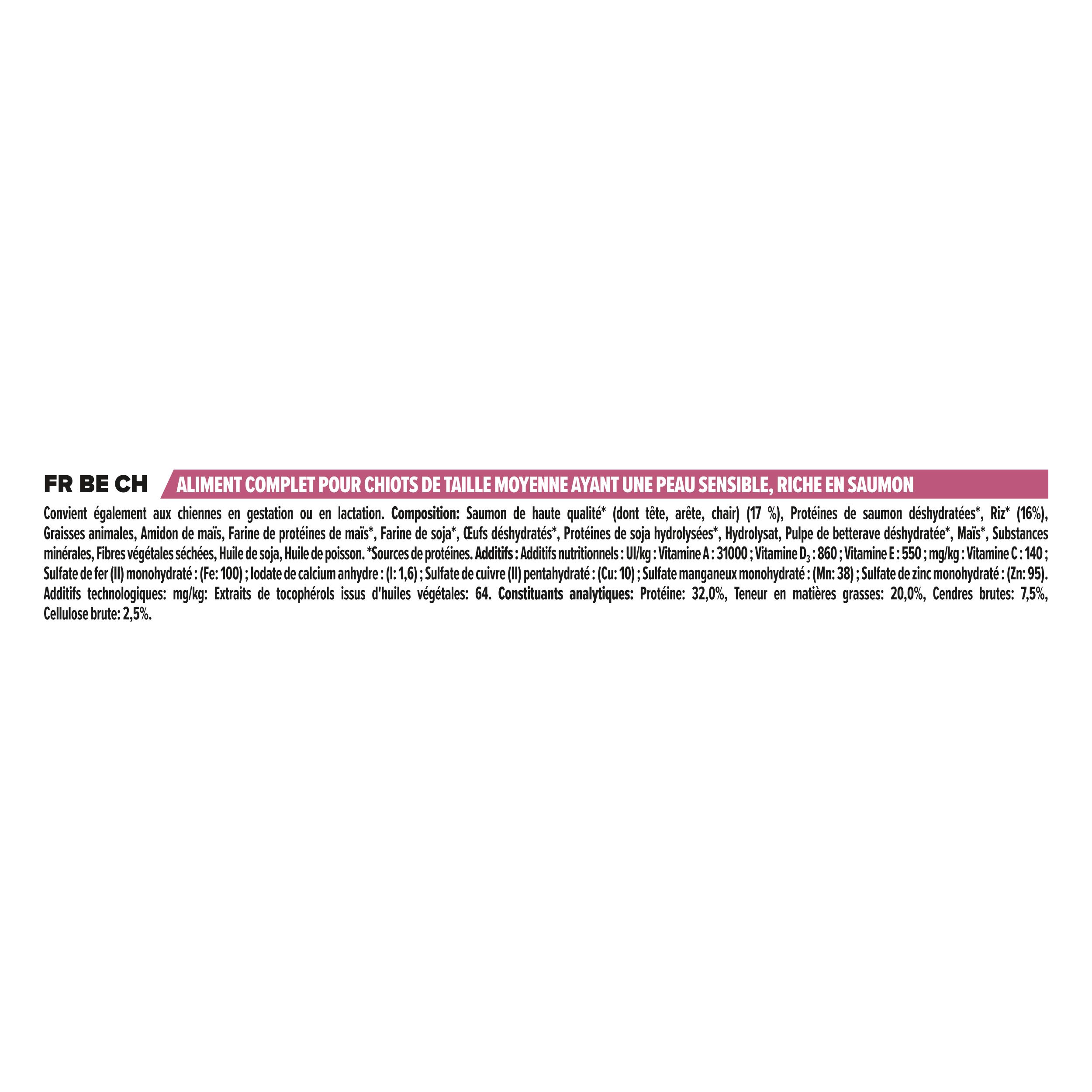 Tableau des recommandations d'alimentation pour Purina Pro Plan Puppy Medium Sensitive Skin. Poids et âge.