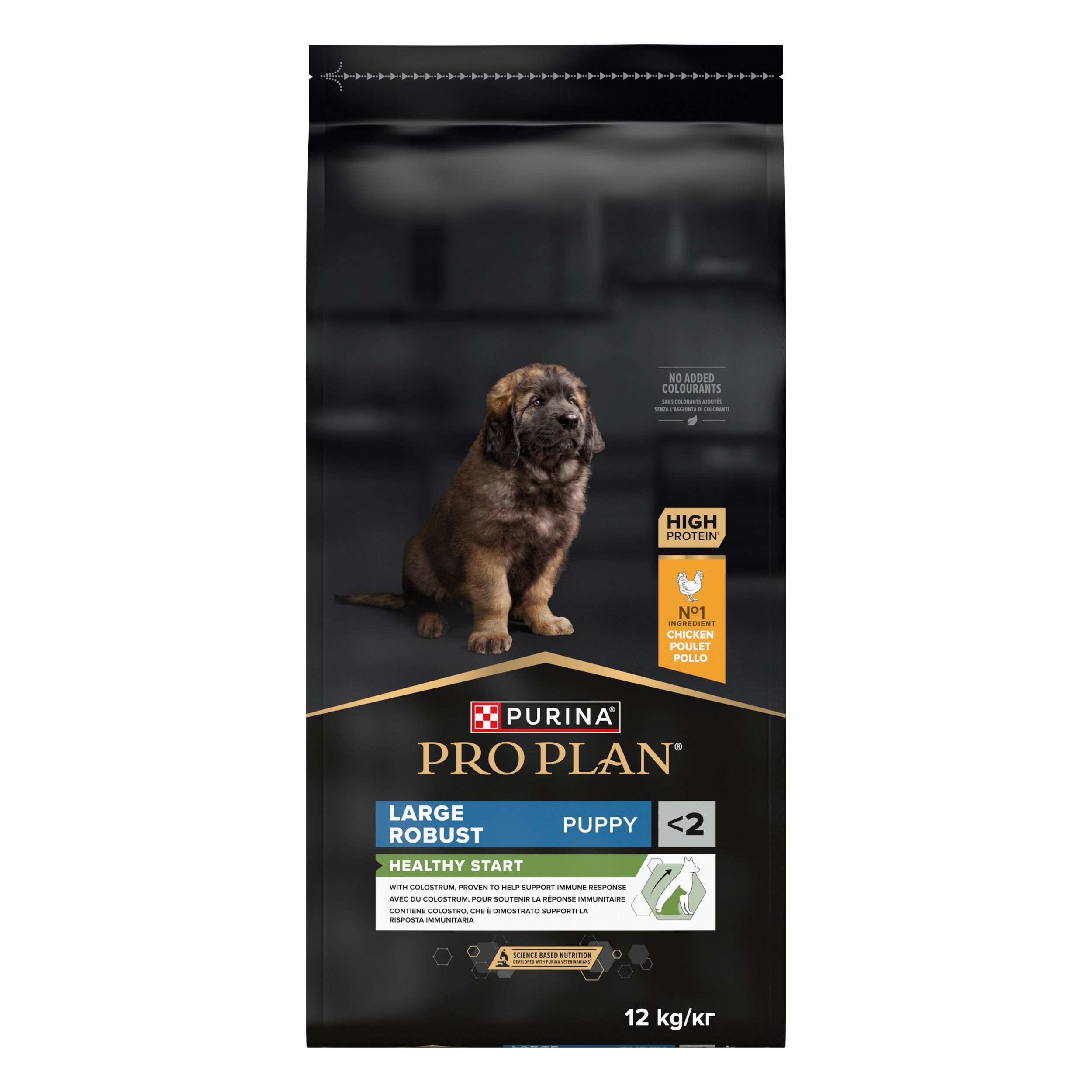 Sac noir de nourriture pour chiens. Inscription : PRO PLAN LARGE ROBUST PUPPY. Image d'un chiot. 12 kg.