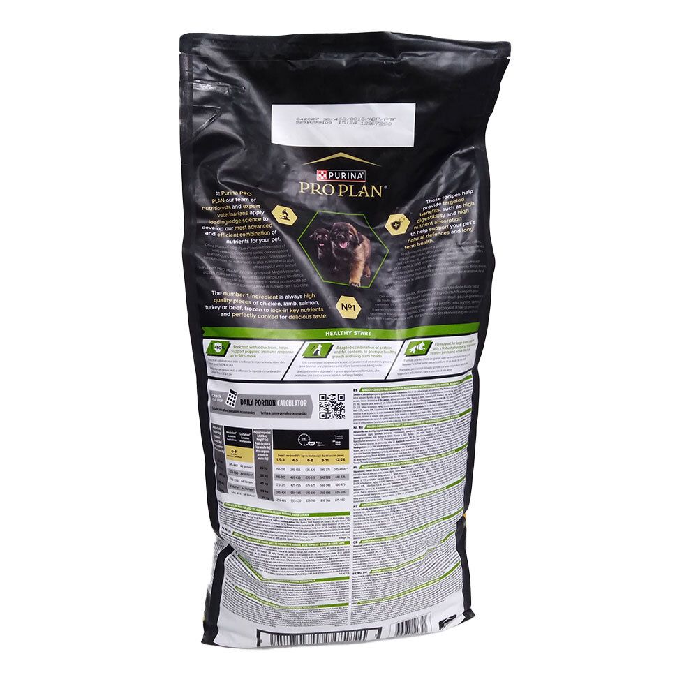 Dos du sac de nourriture pour chiens. Texte et graphiques. Logo PRO PLAN. Informations sur l'alimentation et les ingrédients.