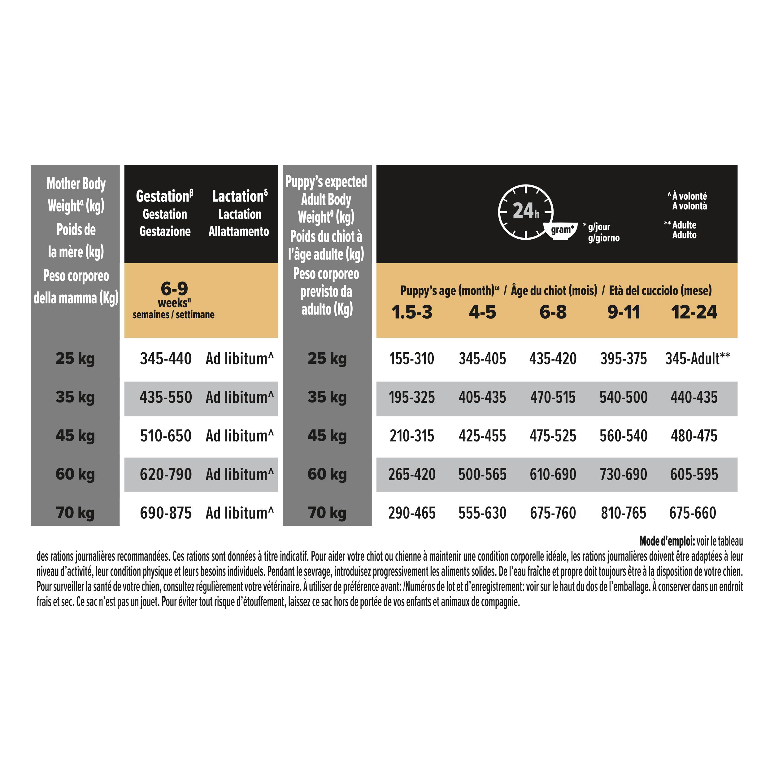 Tableau avec recommandations d'alimentation pour chiens. Informations sur le poids et l'âge du chien.