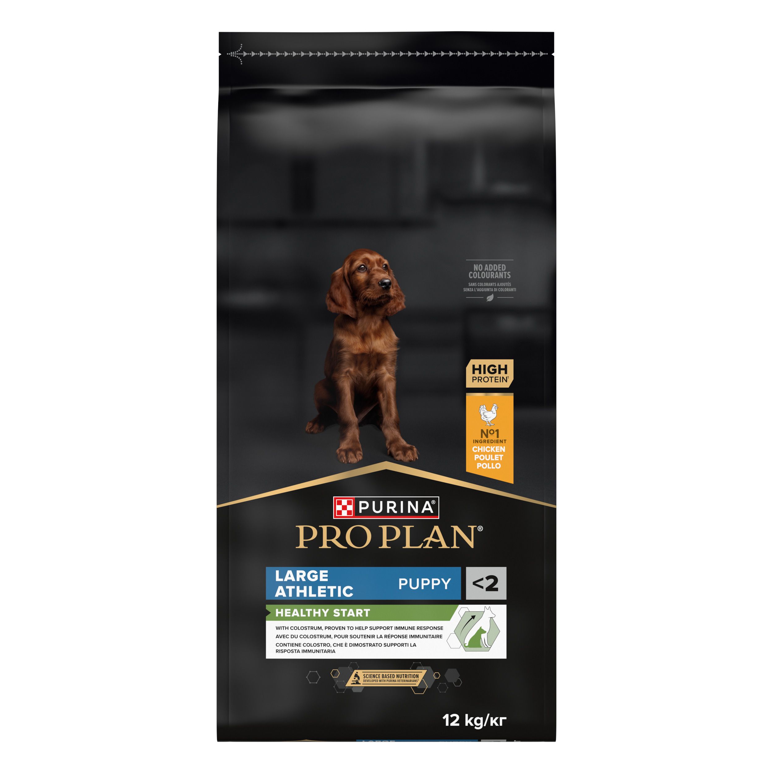 Sac noir de nourriture pour chiens. Inscription : Purina Pro Plan, Large Athletic Puppy, Healthy Start. 12 kg/kr.