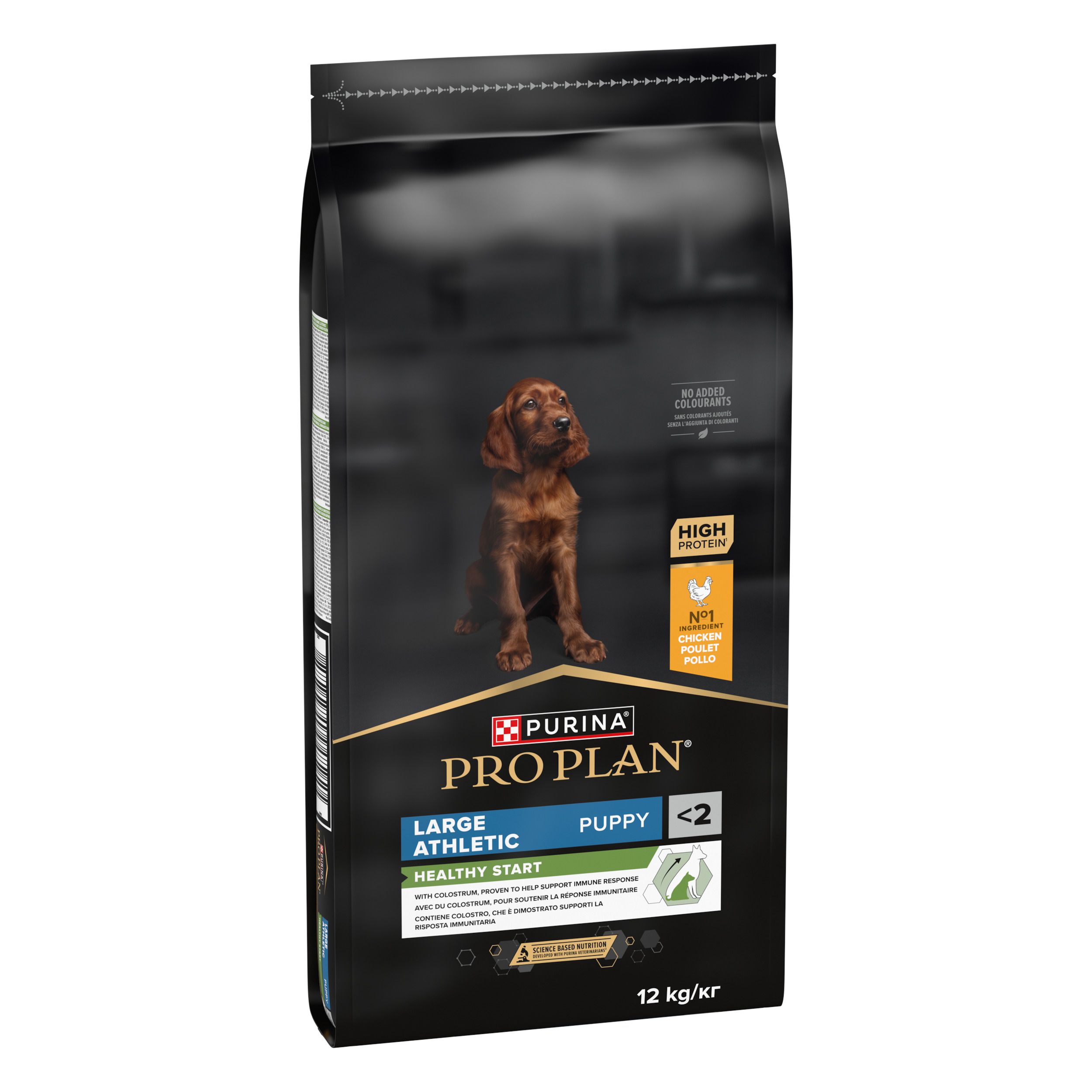 Sac noir de nourriture pour chiens. Inscription : Purina Pro Plan, Large Athletic Puppy, Healthy Start. 12 kg/kr.