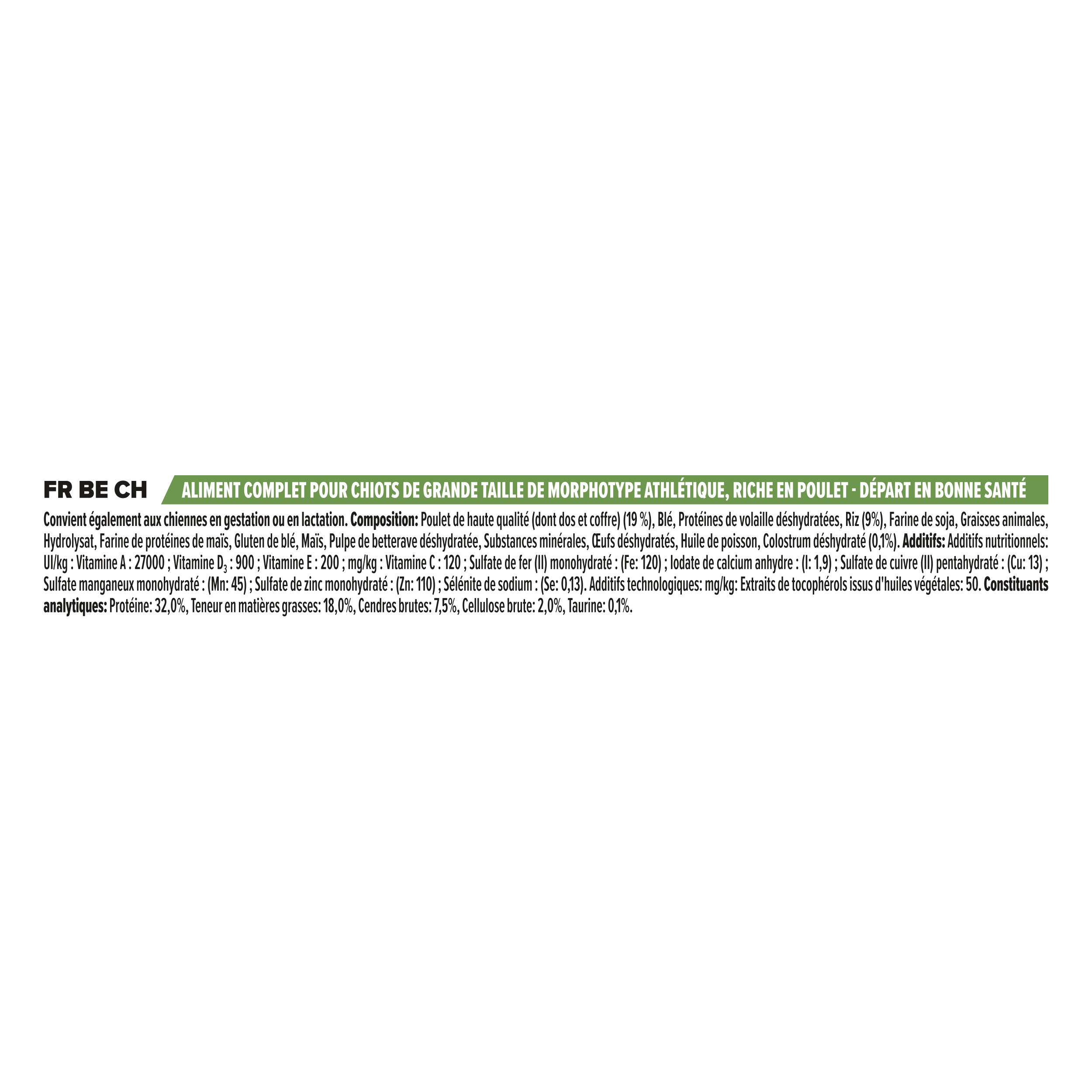 Texte en français sur la composition de la nourriture pour chiens. Informations sur les ingrédients et les valeurs nutritionnelles.