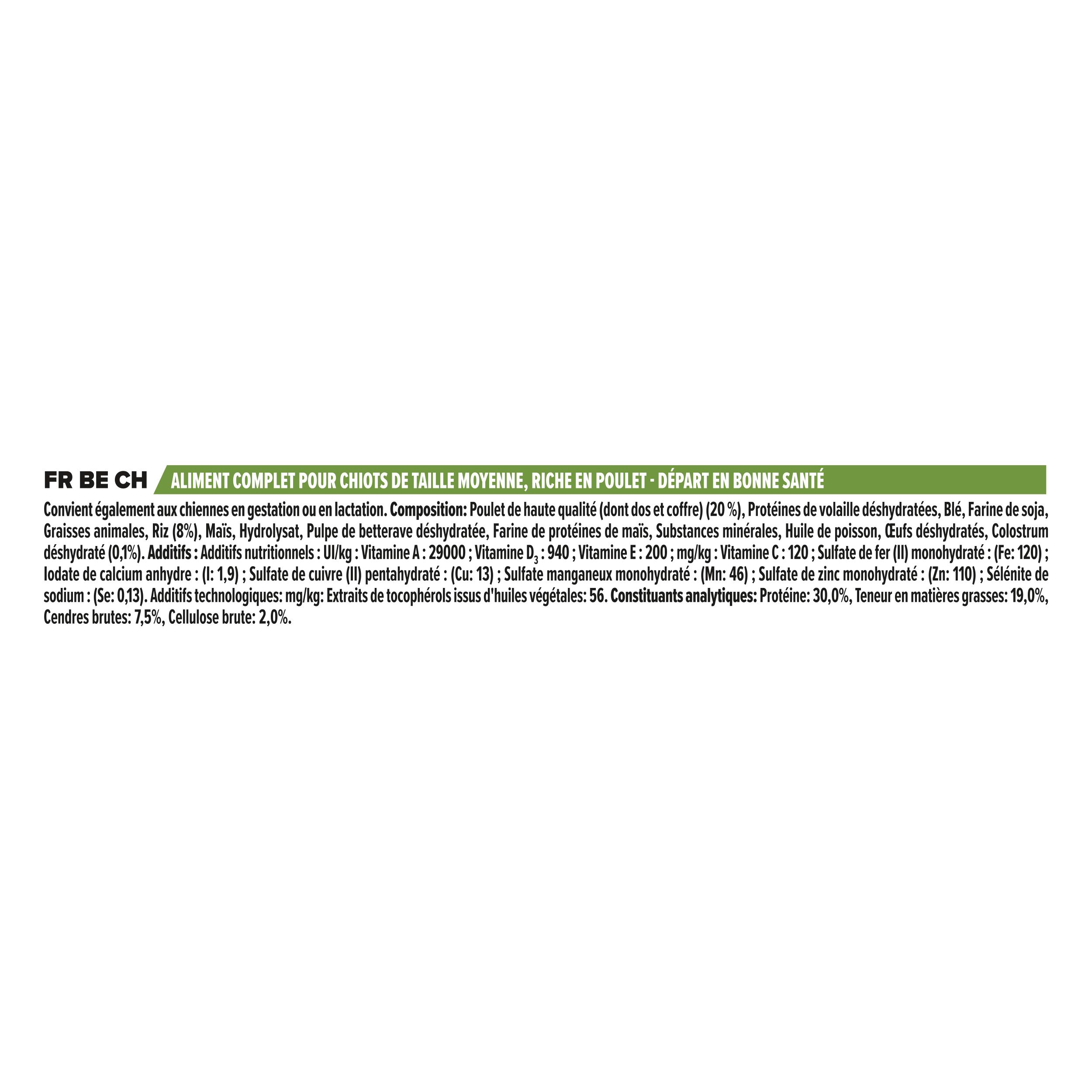 Texte sur la composition de l'aliment pour chiots de taille moyenne. Contient des informations sur les ingrédients.