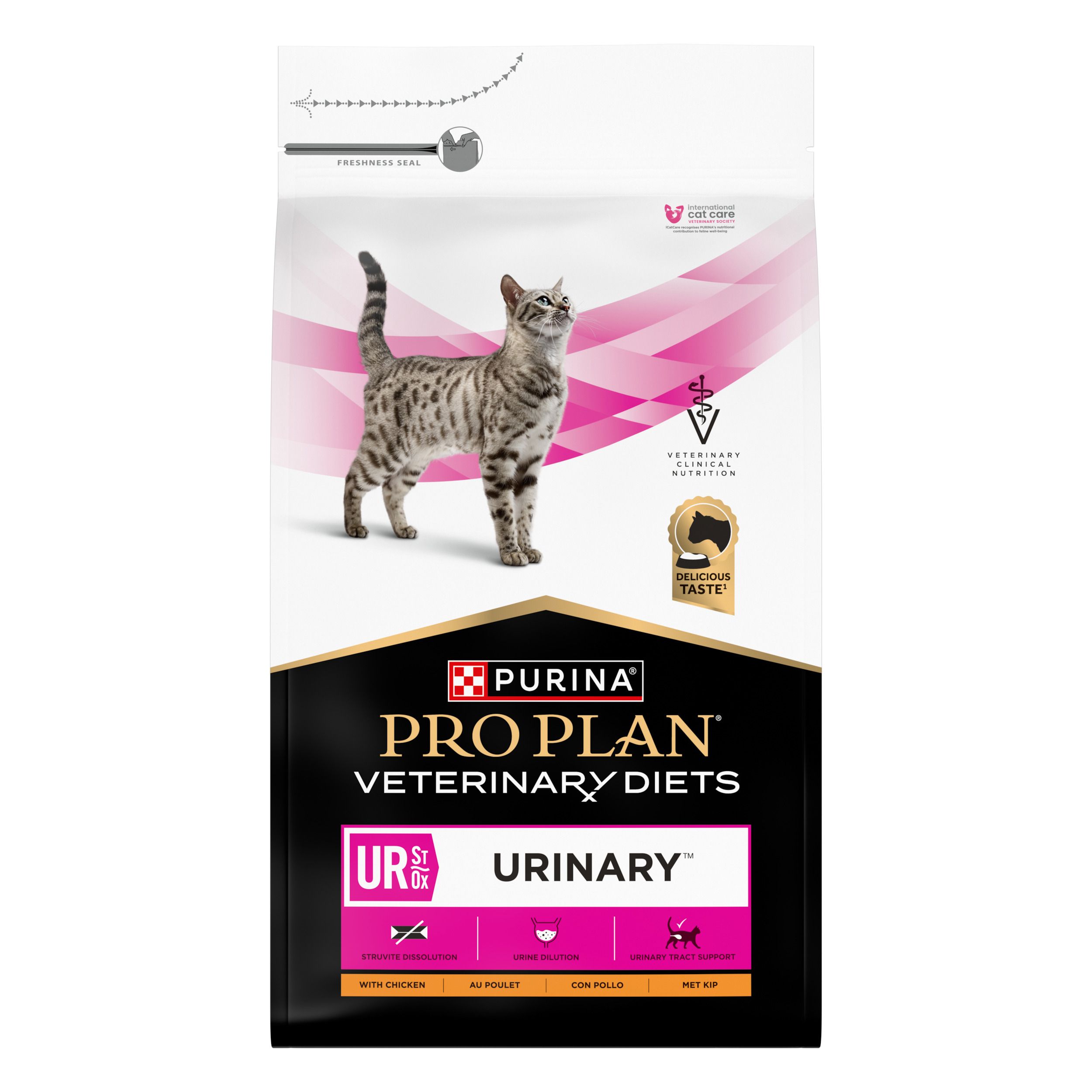 Sac de nourriture sèche Purina Pro Plan Veterinary Diets Feline UR Urinary. Image d'un chat. Contient le logo de la nutrition vétérinaire.