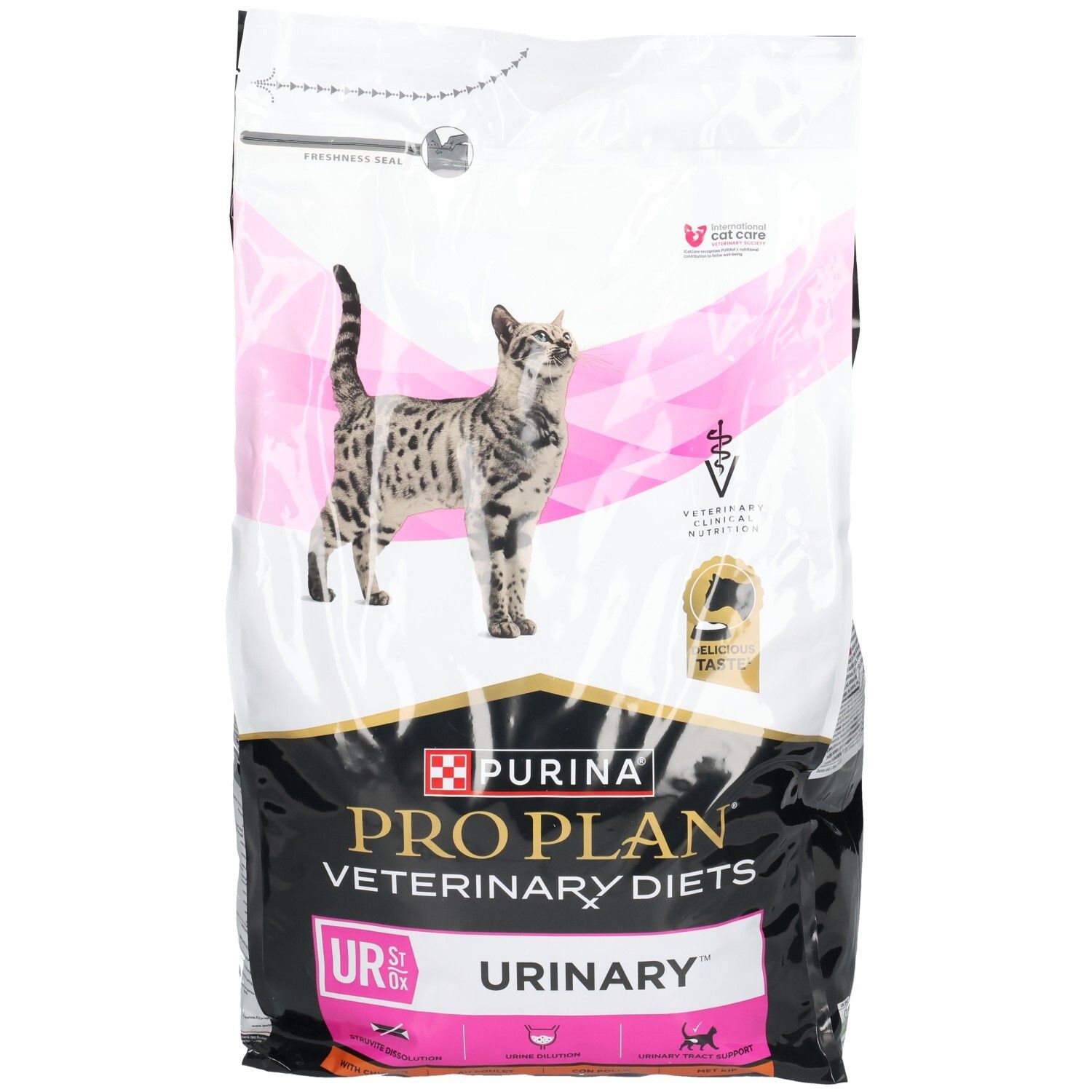 Sac de nourriture sèche Purina Pro Plan Veterinary Diets Feline UR Urinary. Image d'un chat. Contient le logo de la nutrition vétérinaire.
