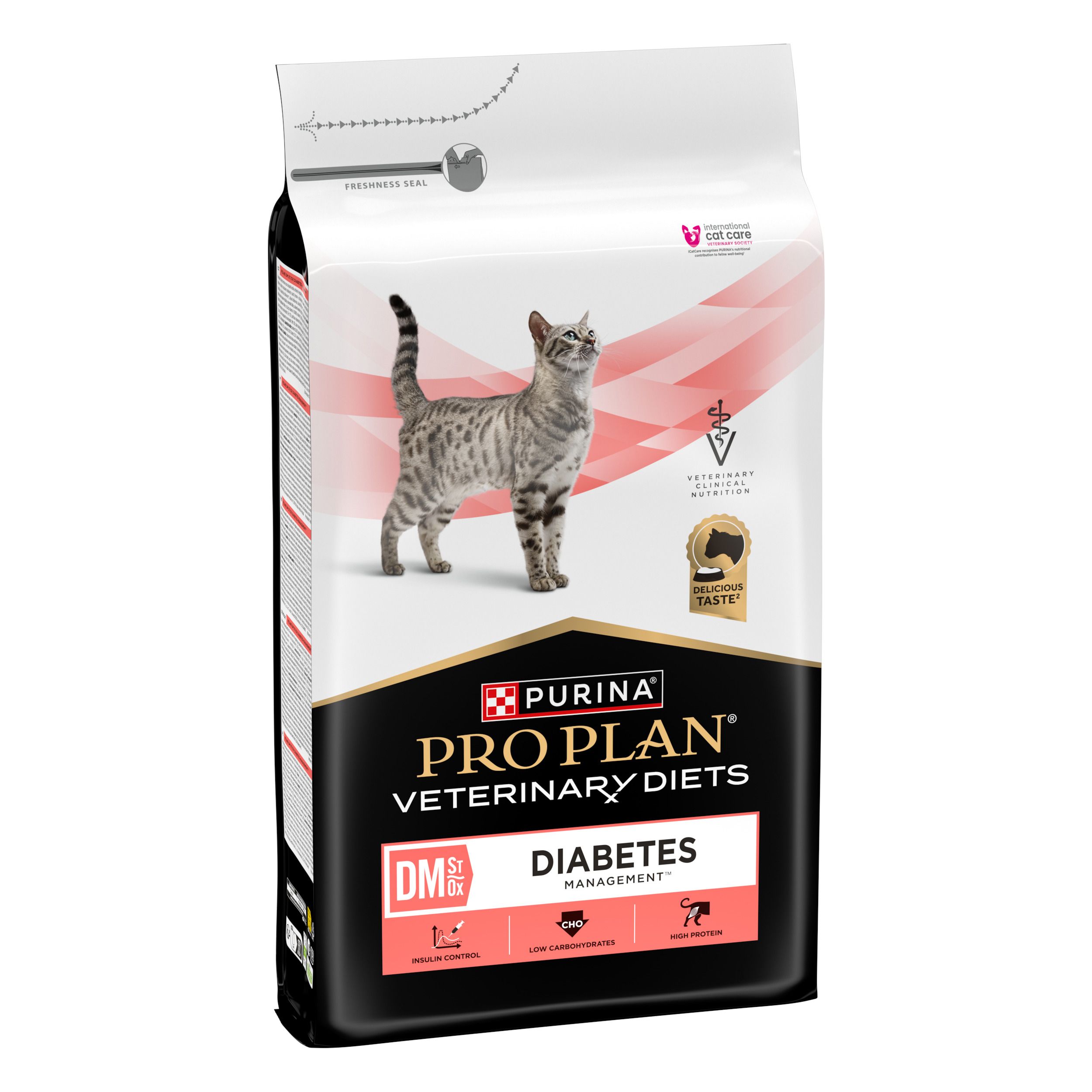 Sac de nourriture sèche pour chats. Inscription : PRO PLAN VETERINARY DIETS DM DIABETES MANAGEMENT. Image d'un chat.
