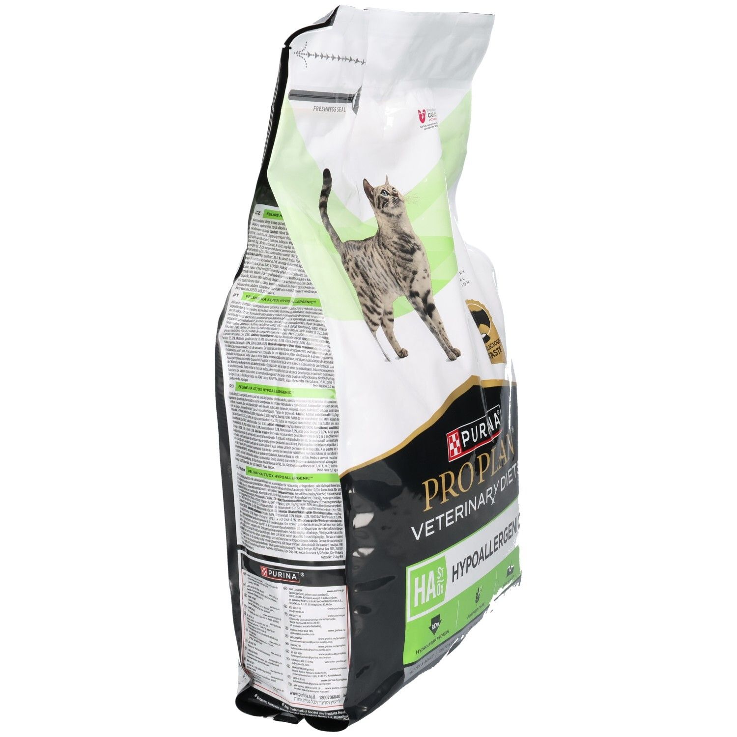 Sac de croquettes Purina Pro Plan Veterinary Diets HA Hypoallergenic, vue latérale.